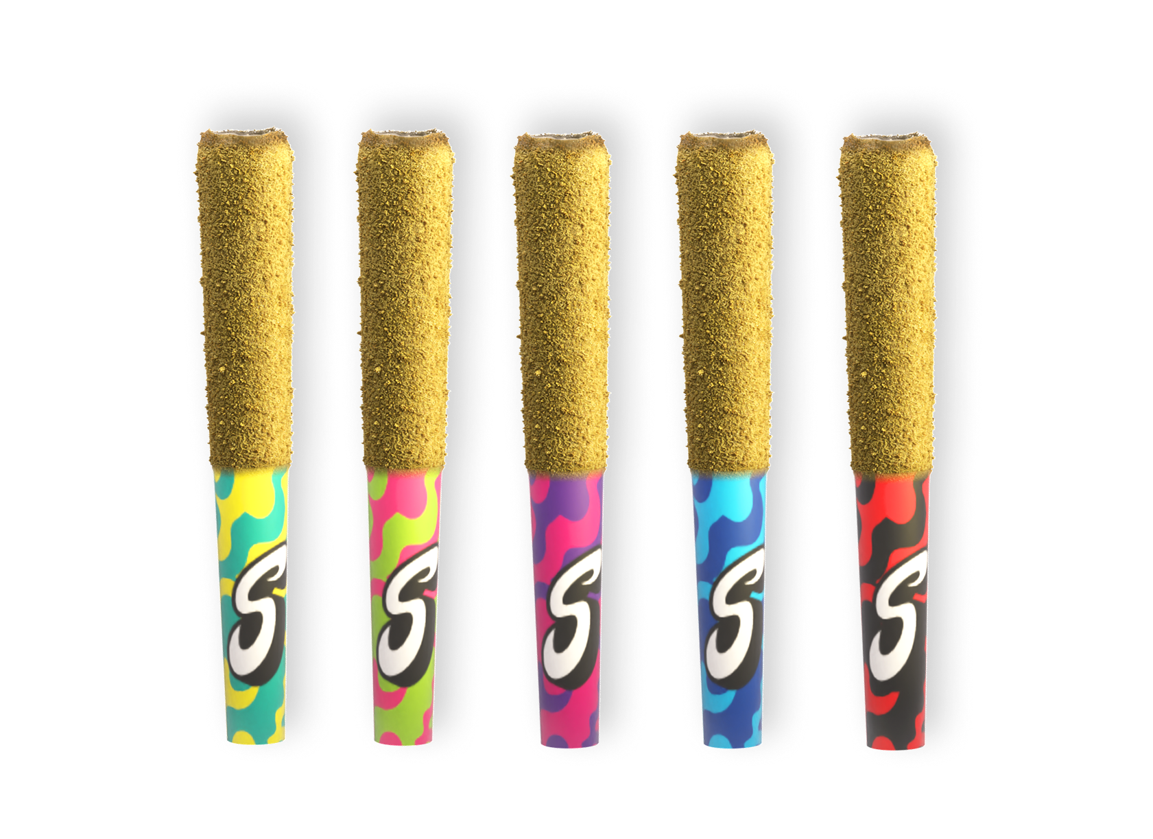 Six colorful fireworks rockets with gold tips and vibrant, patterned bodies in yellow, pink, purple, blue, and red, showing different wave designs.