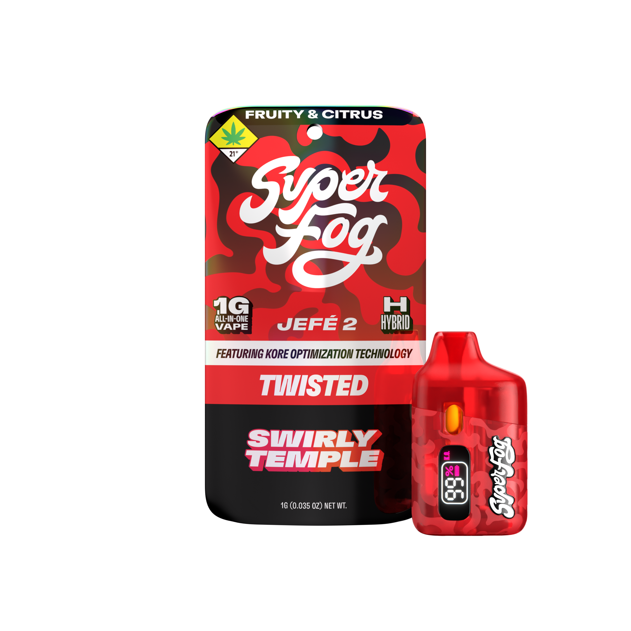 Packaging of a vaping product called Super Fog featuring a red and black camouflage pattern, with labels indicating it contains 1 gram of hybrid e-liquid, emphasizing fruity and citrus flavors, with a THC content of 95%, and a warning about being for adults 21+.