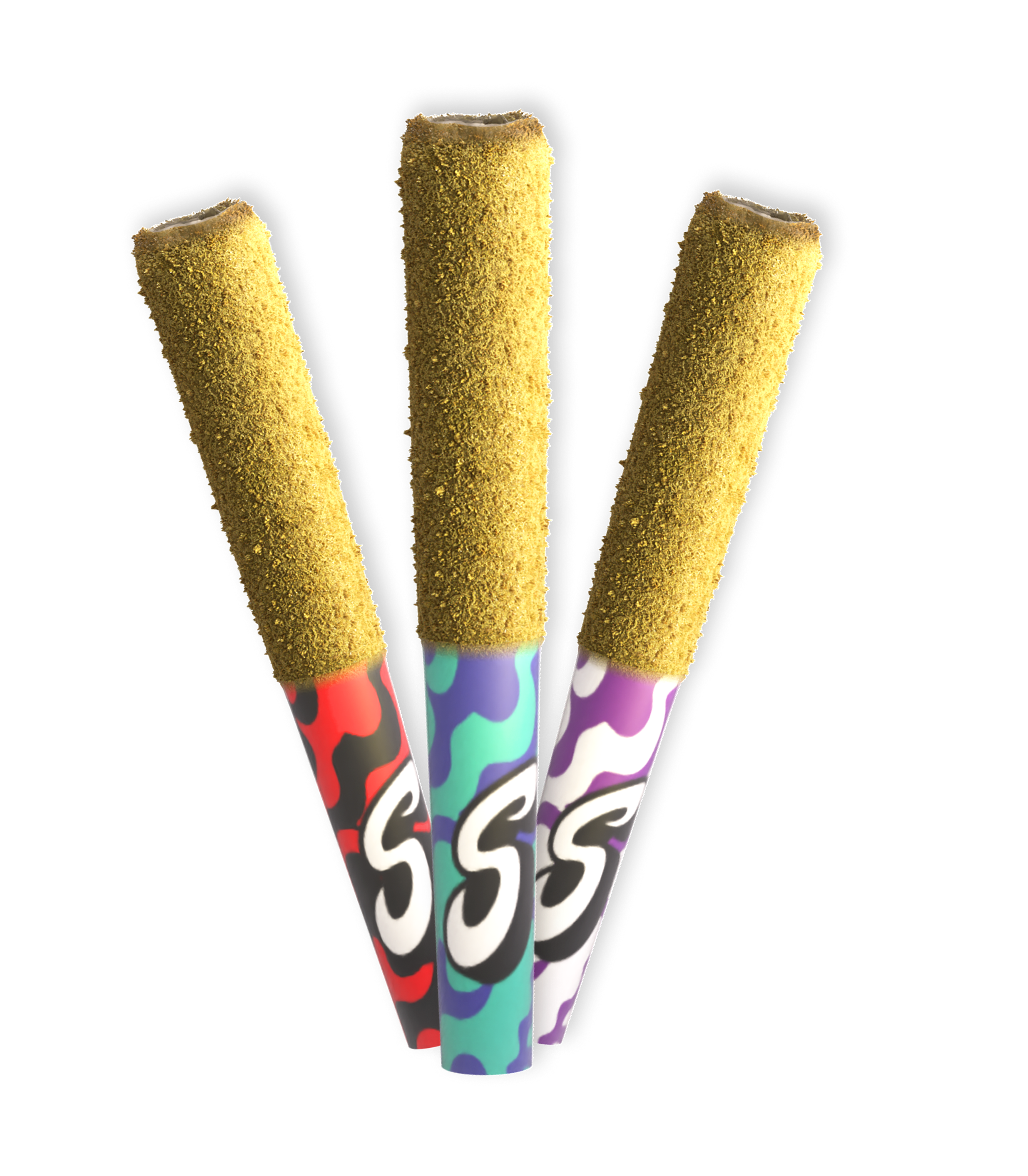 Three colorful fireworks exploding in the night sky, with yellow and black textured trails.