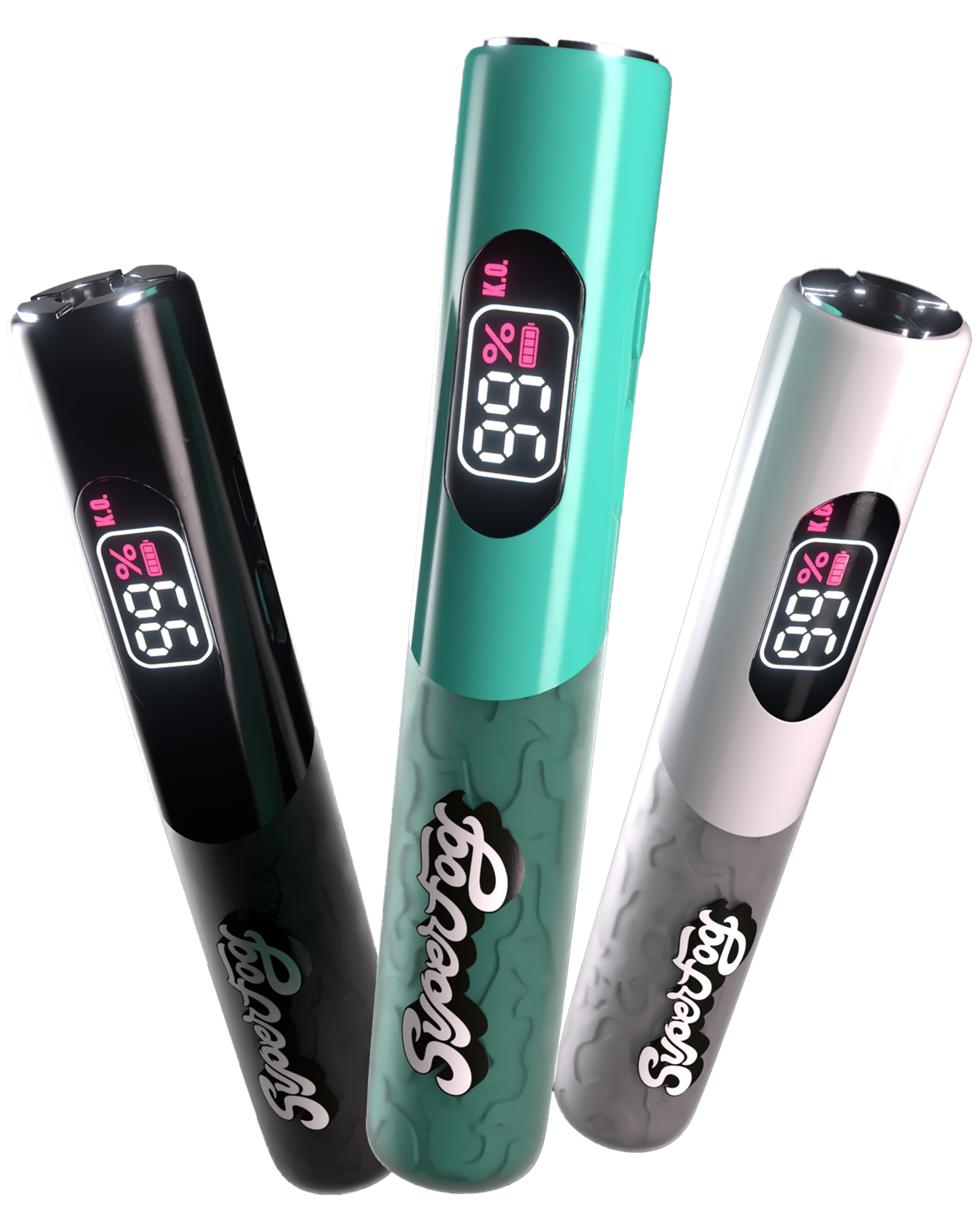 Three colorful vape pens with digital displays showing percentages, batteries, and branding, positioned vertically side by side.