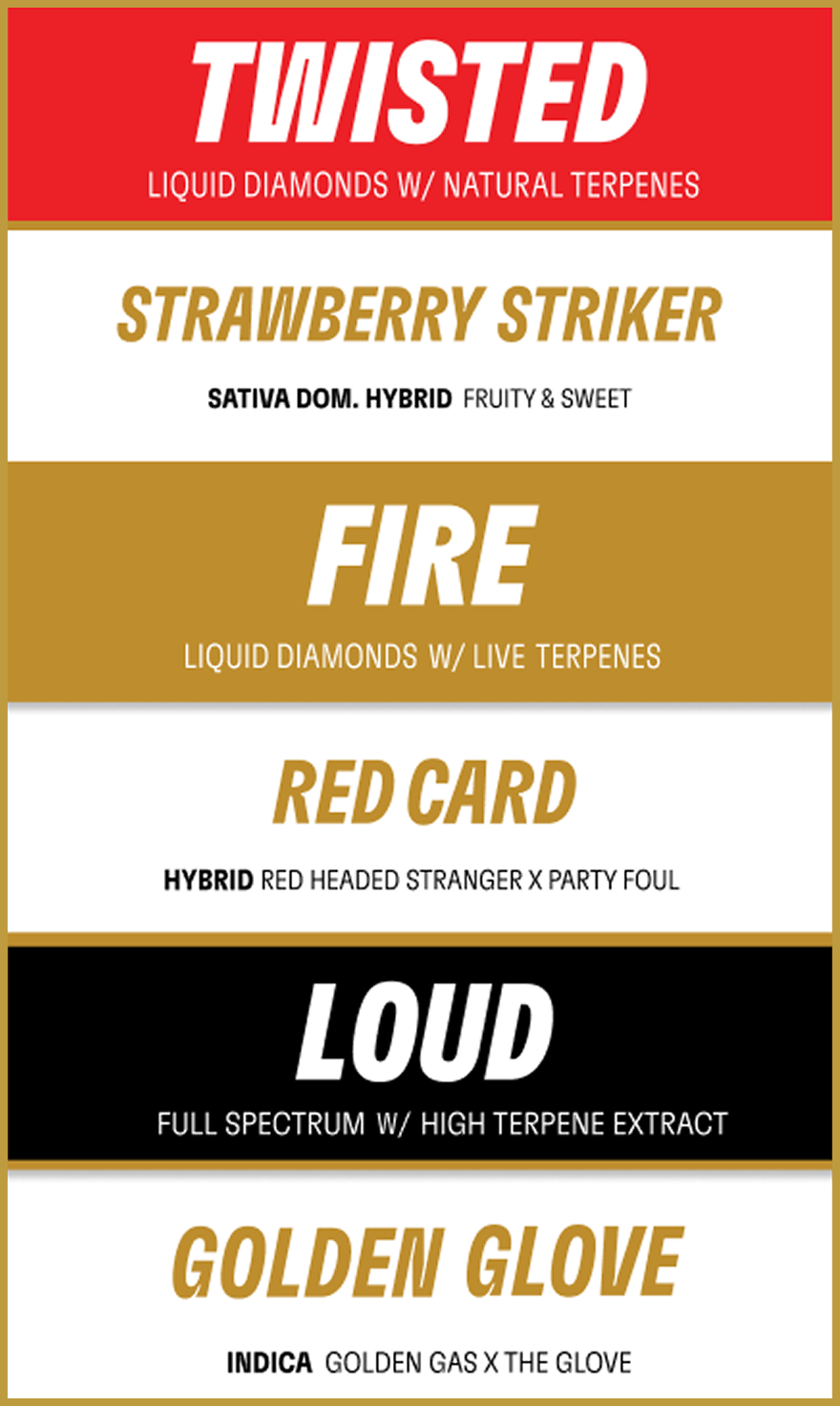 Product label for Twisted liquid diamonds with natural terpenes, featuring strains: Strawberry Striker, Fire, Red Card, Loud, and Golden Glove, indicating different cannabis hybrid types.