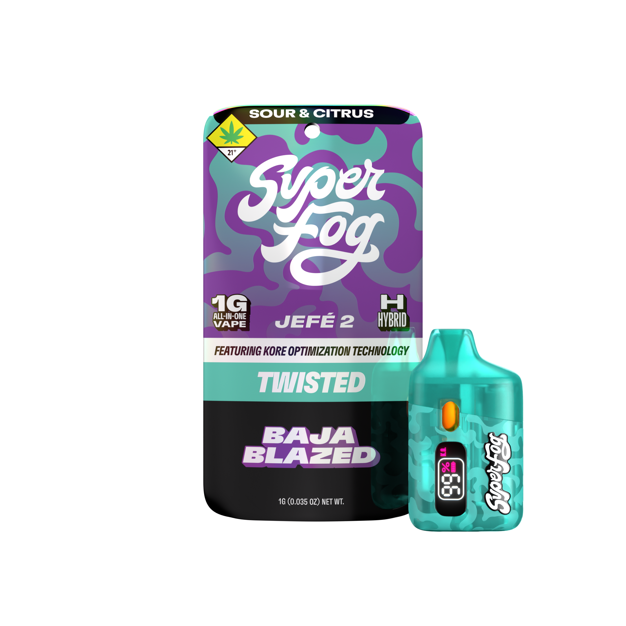 Colorful cannabis vape packaging with purple, teal, and black patterns, labeled 'Sour & Citrus' and 'Super Fog,' including symbols for 1 gram, THC hybrid, and 21+ age restriction.
