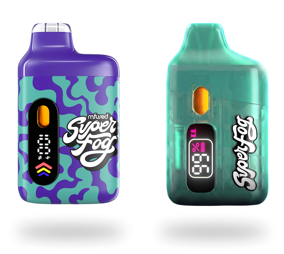 Two vape devices with digital screens displaying battery levels and logo for Super Fog, one purple with teal camouflage pattern and one transparent green with pink and white display, positioned side by side, with black textured shadows below.