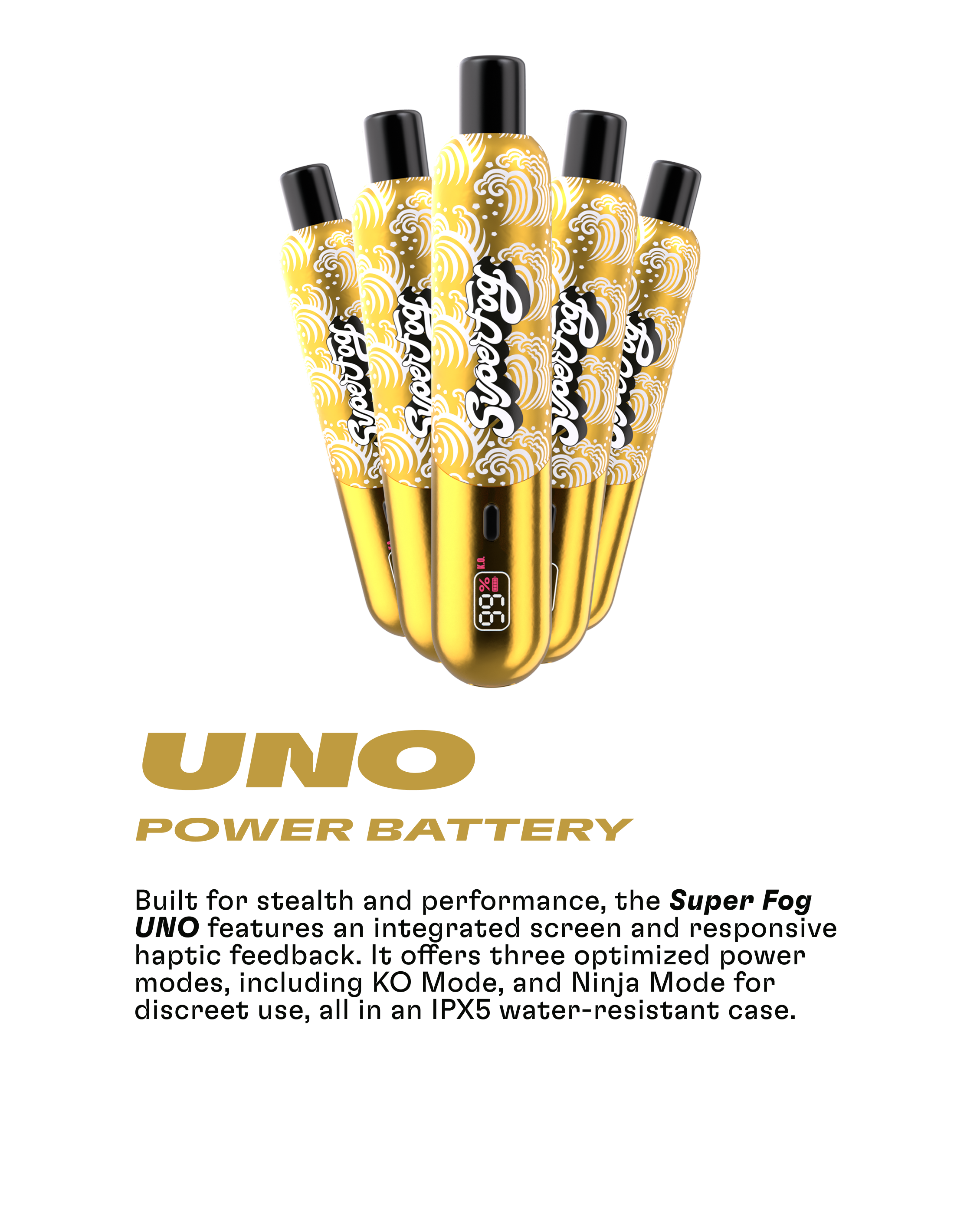 Close-up of multiple yellow and black UNO power bank devices with digital display showing 66% charge, arranged in a fan shape.
