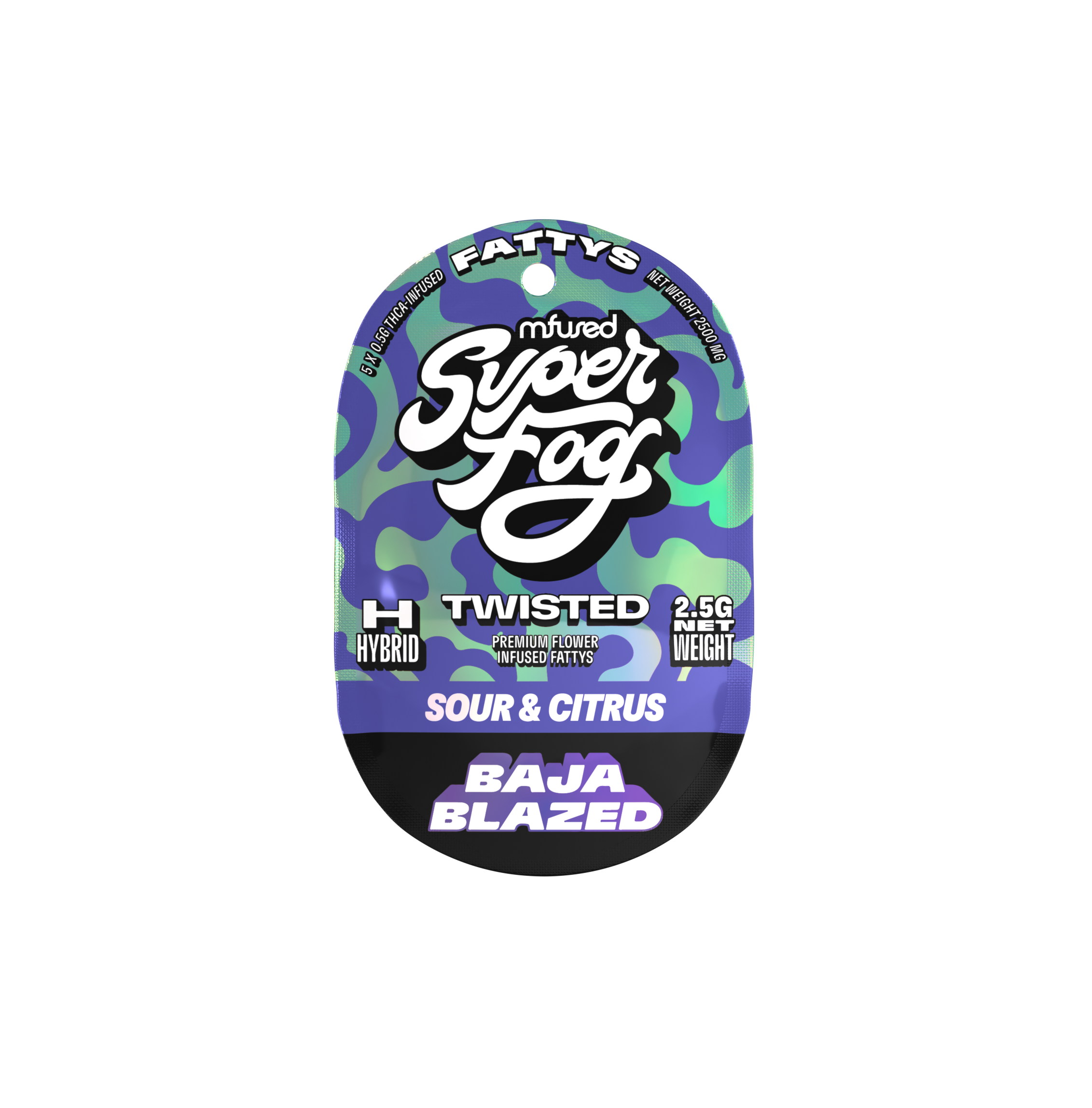 Colorful cannabis product label with swirling green and blue patterns, featuring the words 'Super Fog' and describing it as sour and citrus flavored, hybrid, THC-infused, and 2.5 grams net weight.