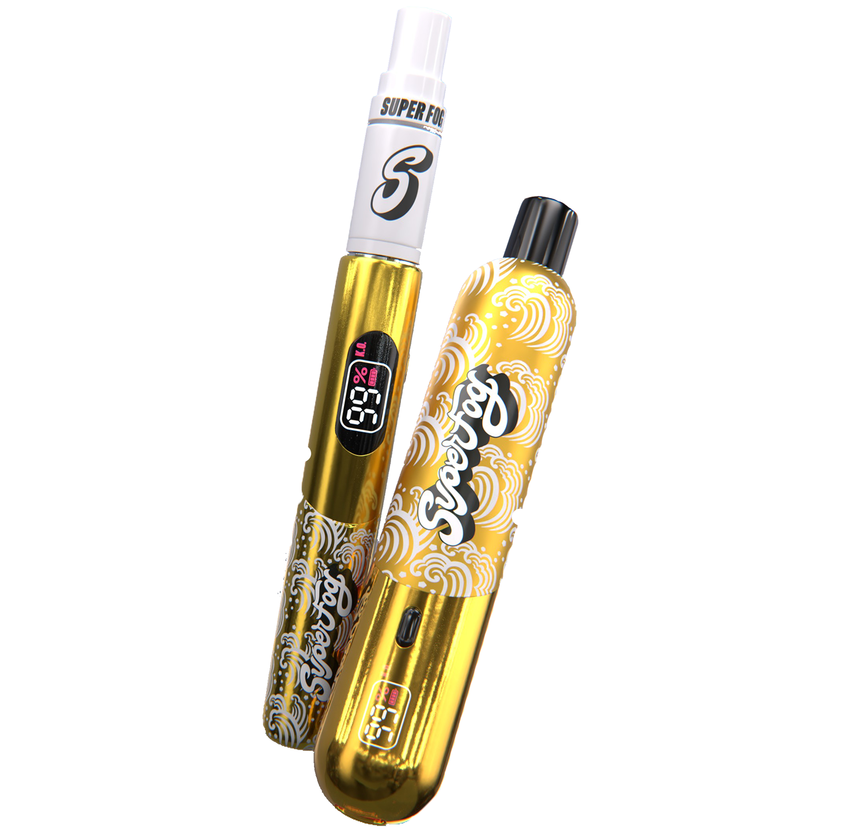 A gold electronic vape pen with a digital display showing 58% and a white and gold packaging with black and white text saying 'Super Fog' and a stylized 'S' logo.