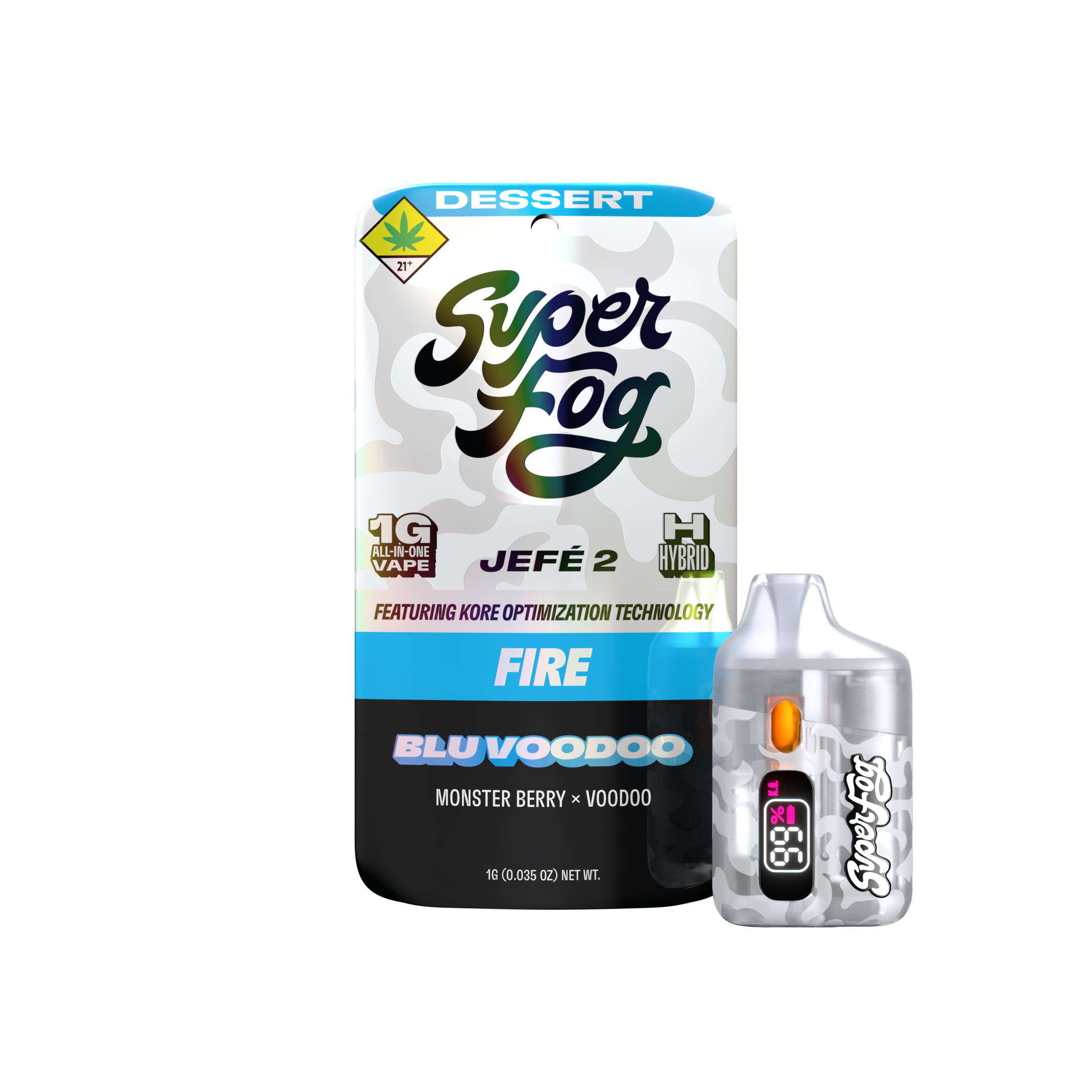 Close-up of a vaping product label featuring the brand Super Fog, with messages about Halloween and featuring KORe optimization technology, and a small digital display showing the number 85.