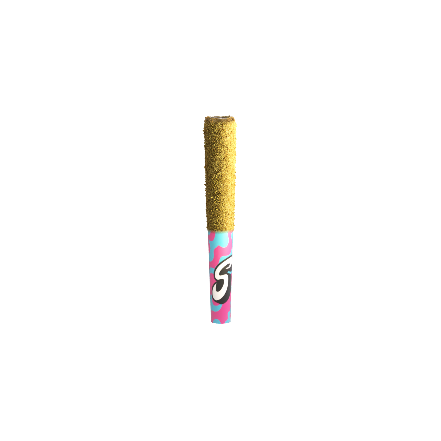 A tall yellowish-brown churro with a colorful, patterned straw and a blue background.