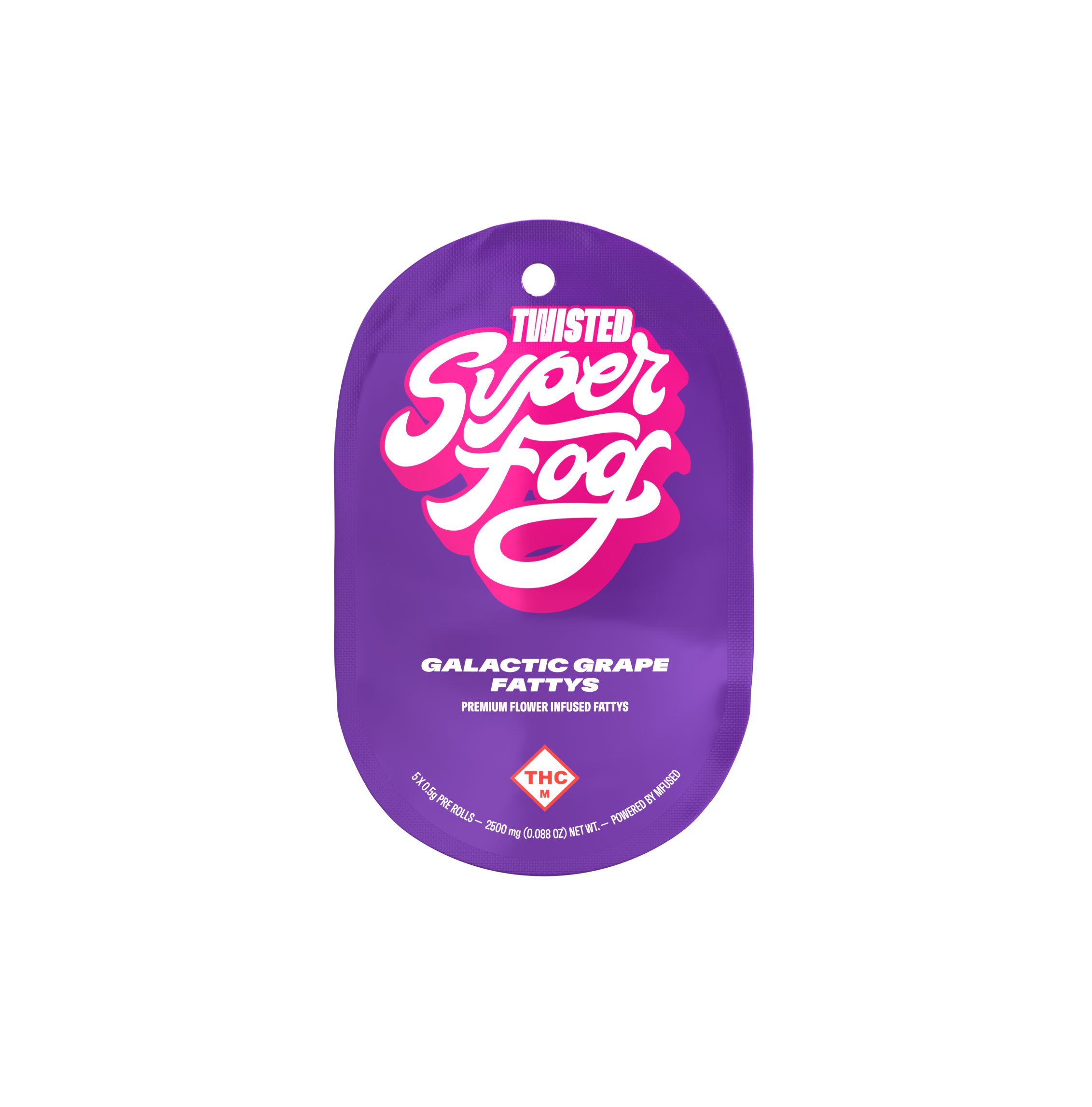 Purple packaging for Twisted Super Food Galaxy Grape Fattys, premium flower infused fattys with THC. The label indicates 2500 mg of THC, 0.088 oz weight, and specifies pre-rolled fattys.