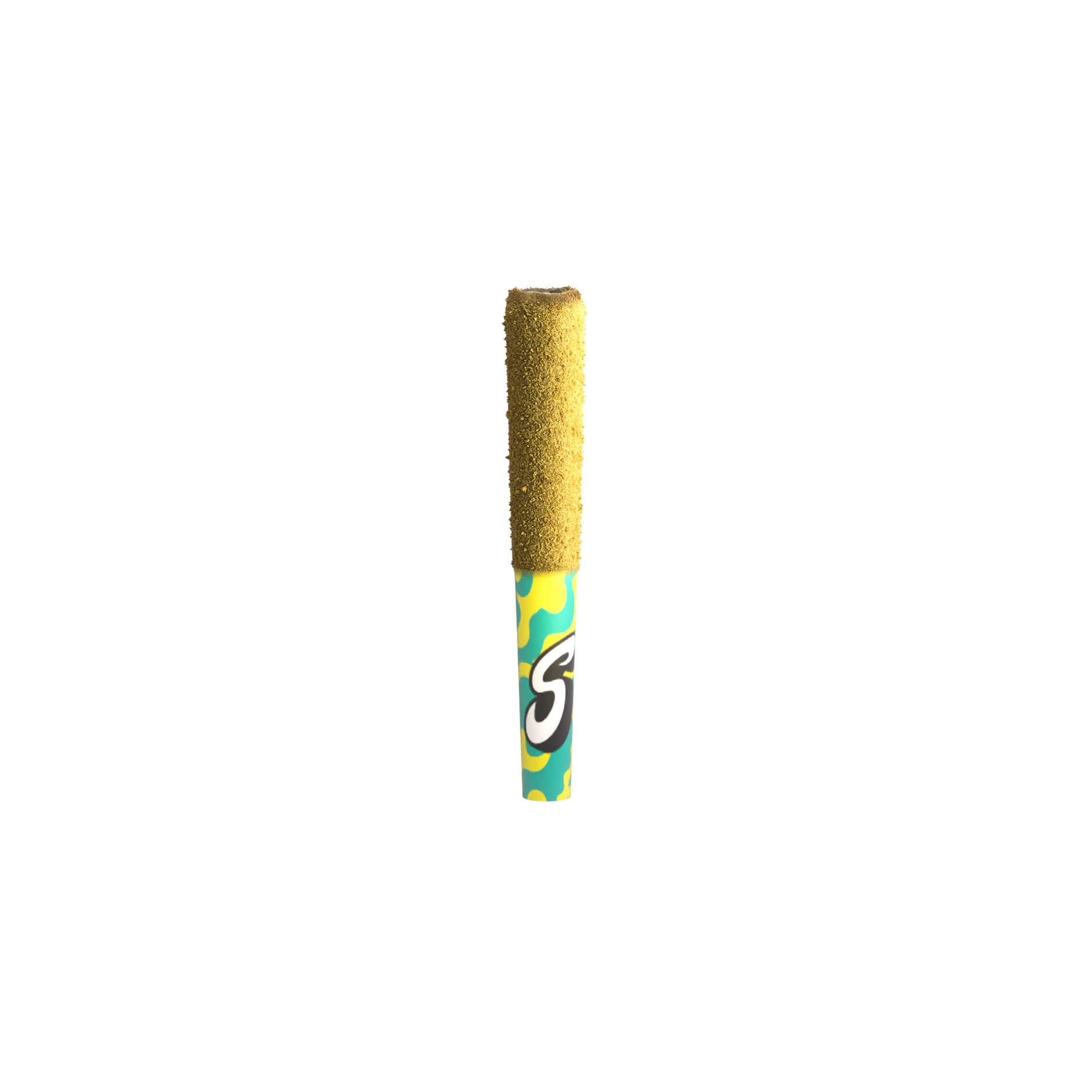A colorful can of spray foam with a yellow foam nozzle at the top, decorated with vibrant yellow, blue, and green patterns, standing upright on a plain background.