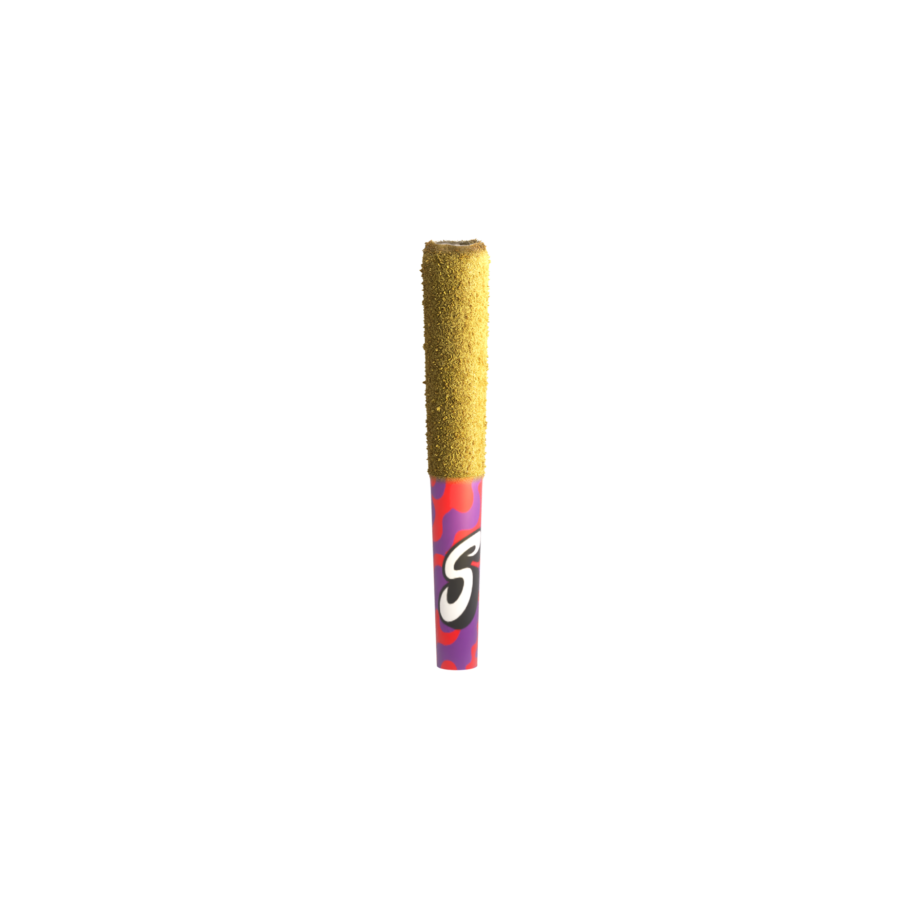 A single blue and red stick of Dynamite with a flickering pink and purple flame at the bottom, positioned vertically on a black background.