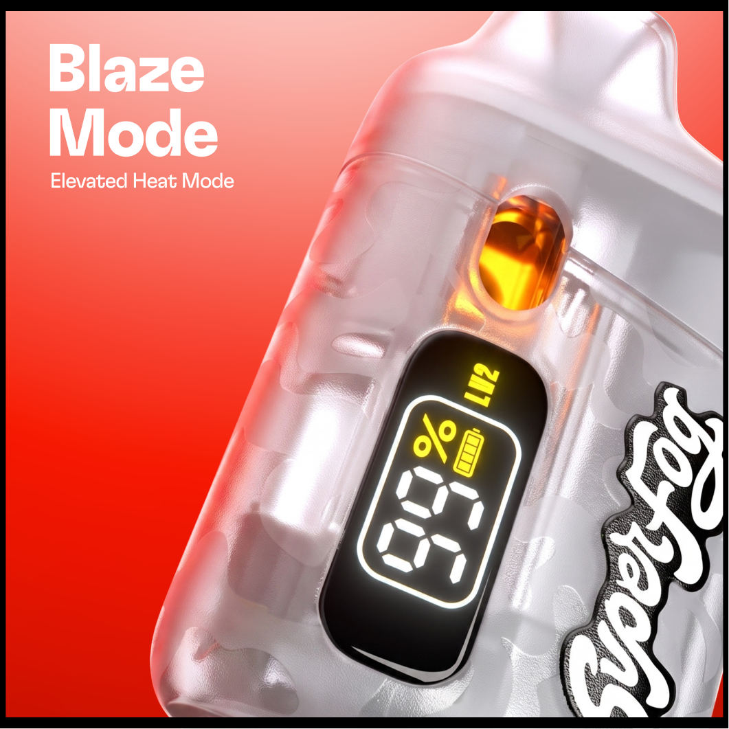 A StayFrosty portable cooler with a digital display showing 95% battery, in Blaze Mode, Elevated Heat Mode, against a red background.