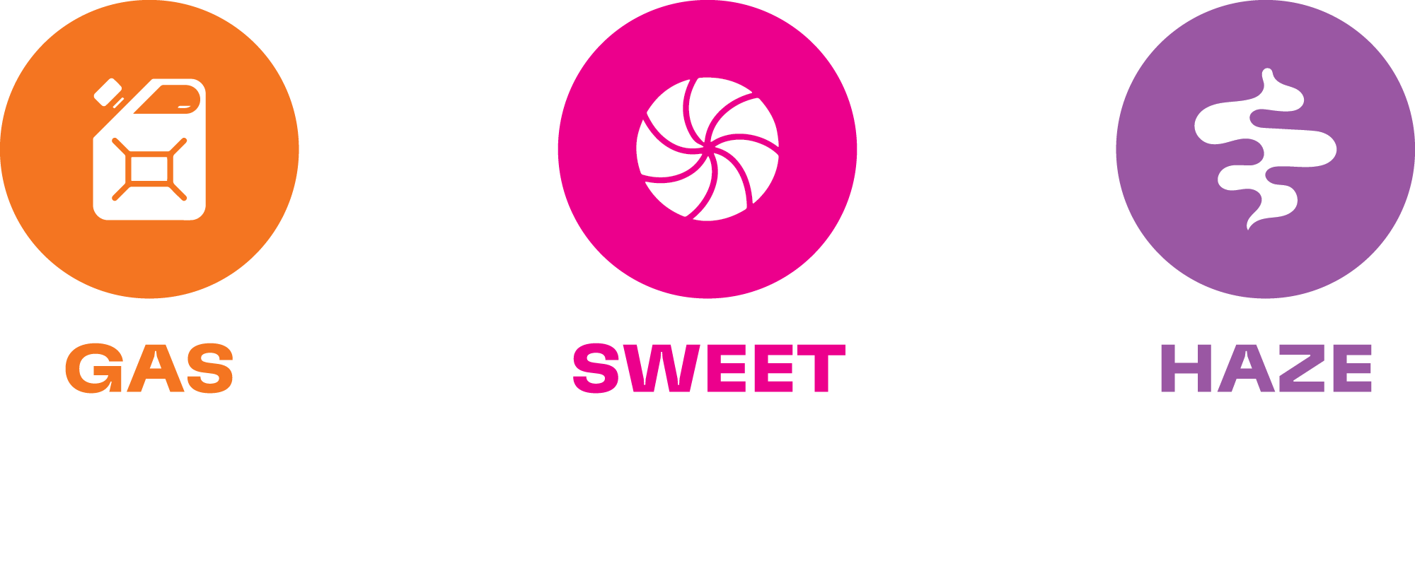 A flavor profile chart displaying three categories: Gas, Sweet, and Haze. Gas is represented by an orange circle with a fuel can icon, labeled as diesel, skunky, fruity, and earthy. Sweet is in a pink circle with a swirl icon, labeled as creamy, berry, and fruity. Haze is in a purple circle with a wavy line icon, labeled as earthy, tropical, and fruity.