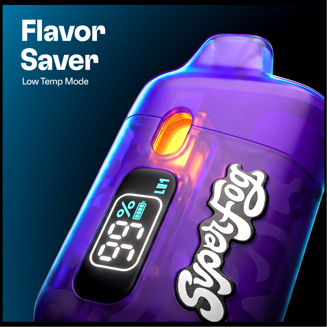 A purple vape device with a digital display showing 59% battery, 11.1 ohms resistance, and low temperature mode, labeled 'Flavor Saver'.