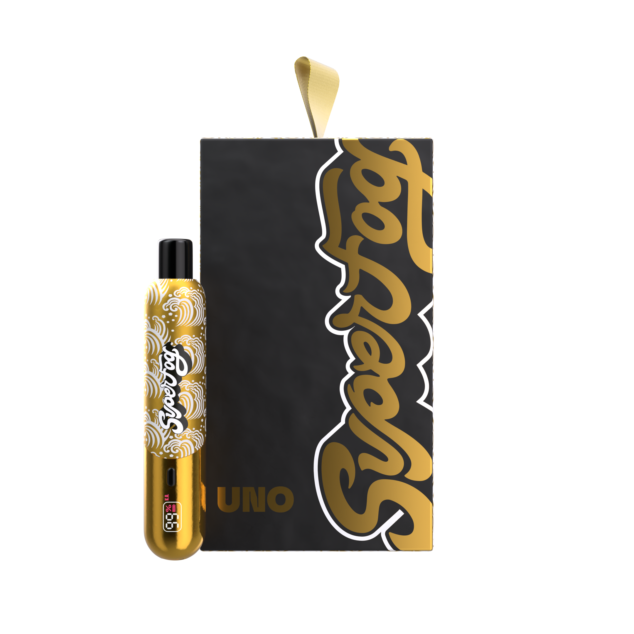 Black UNO card box with gold and white design, a yellow pen with black tip and brand name, and a smartphone displaying a health app with percentage and heart icon, set against a black background with a purple stripe.