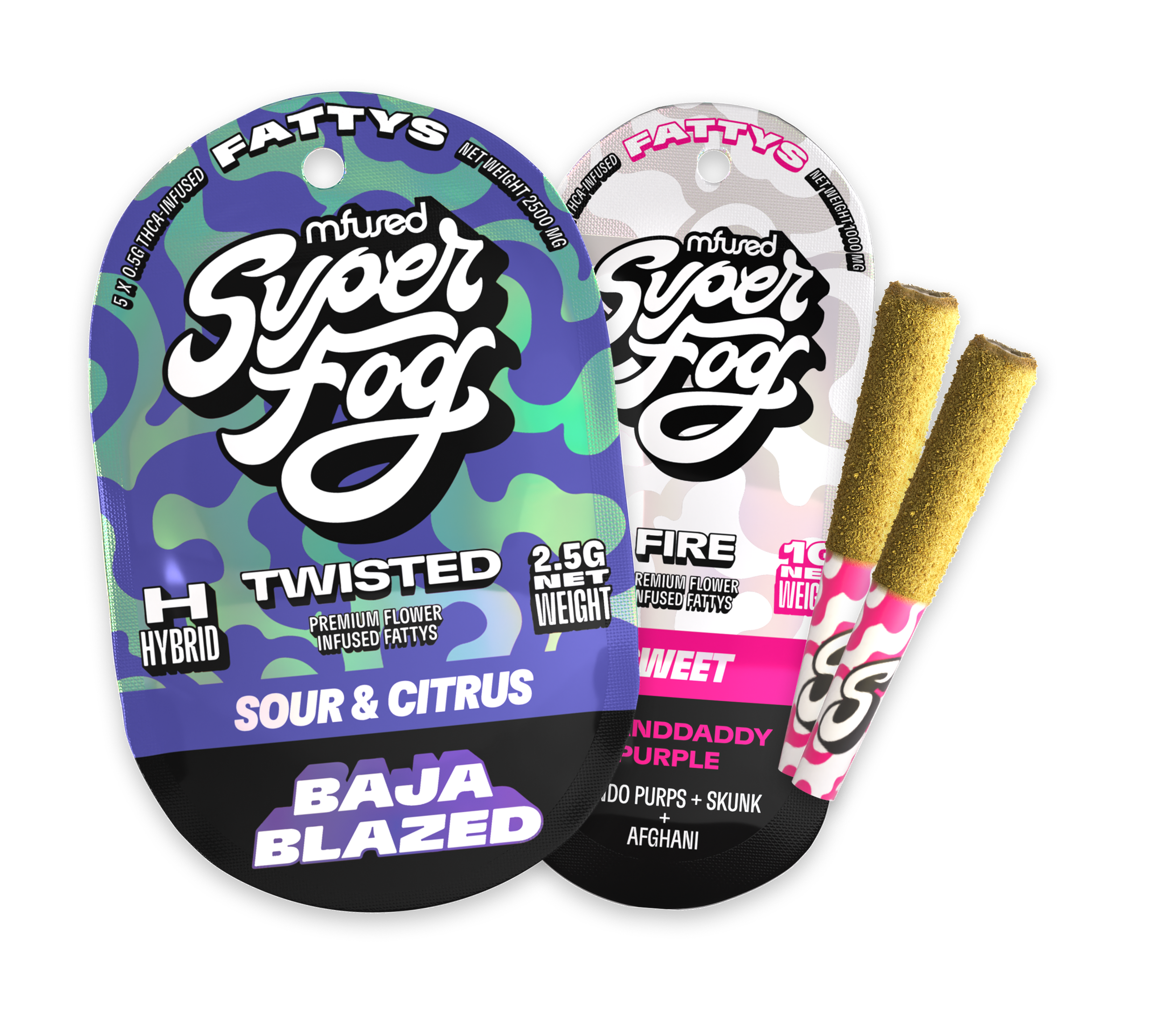 Two containers of infused smokable products with vibrant labels, one in blue camouflage and the other in white with pink accents, along with two gold-infused pre-rolled smokable sticks.