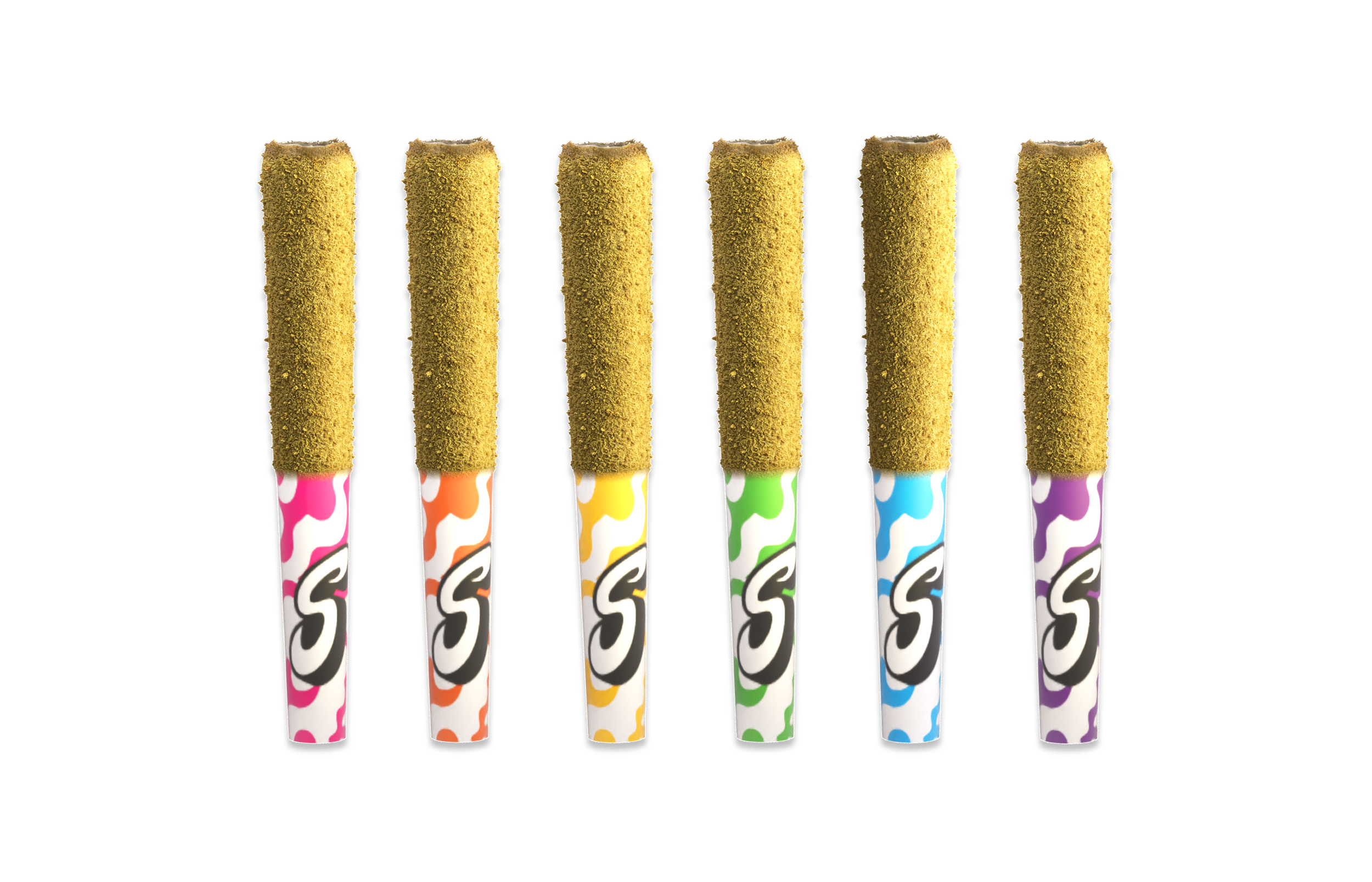 Six colorful ice cream cones with rainbow patterned wrappers, each topped with a textured yellow ice cream.