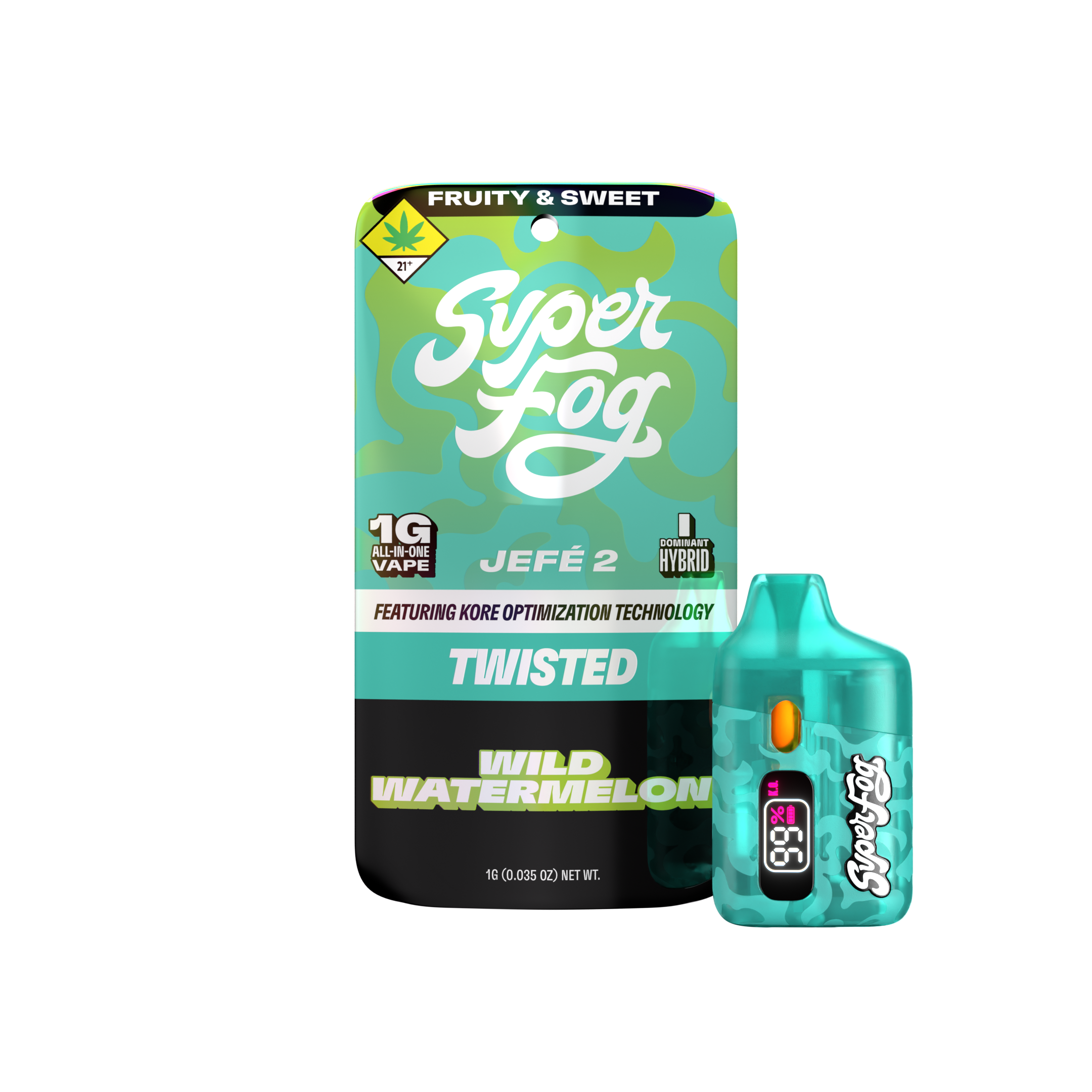 A package of watermelon flavored disposable vape with a digital display showing 685 puffs, featuring a green and blue design and the words "Super Fog"