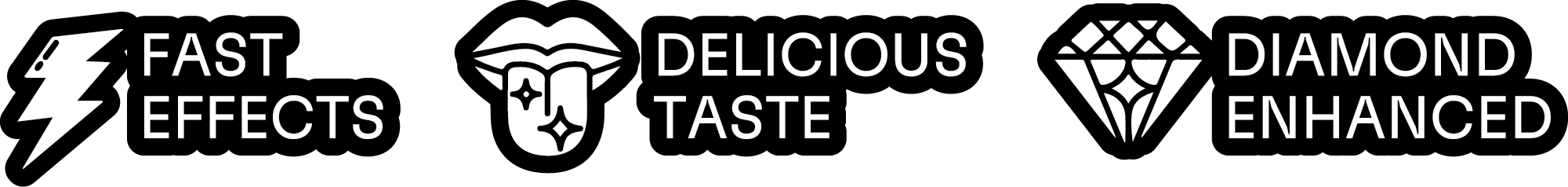 Icons with text highlighting product features: lightning bolt for "Fast Effects," lips with ice cream for "Delicious Taste," diamond for "Diamond Enhanced."
