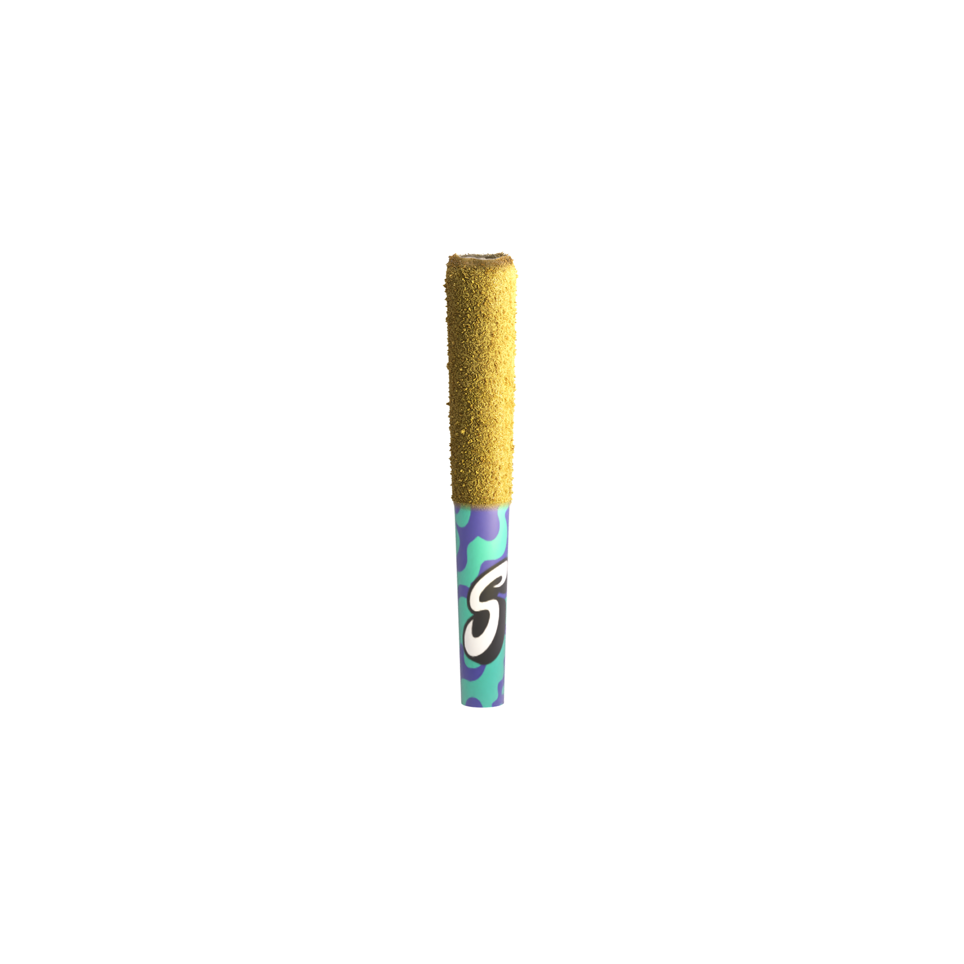 A colorful firework rocket with a yellow foam body and a blue, green, and purple patterned tube at the bottom, standing upright against a dark background.