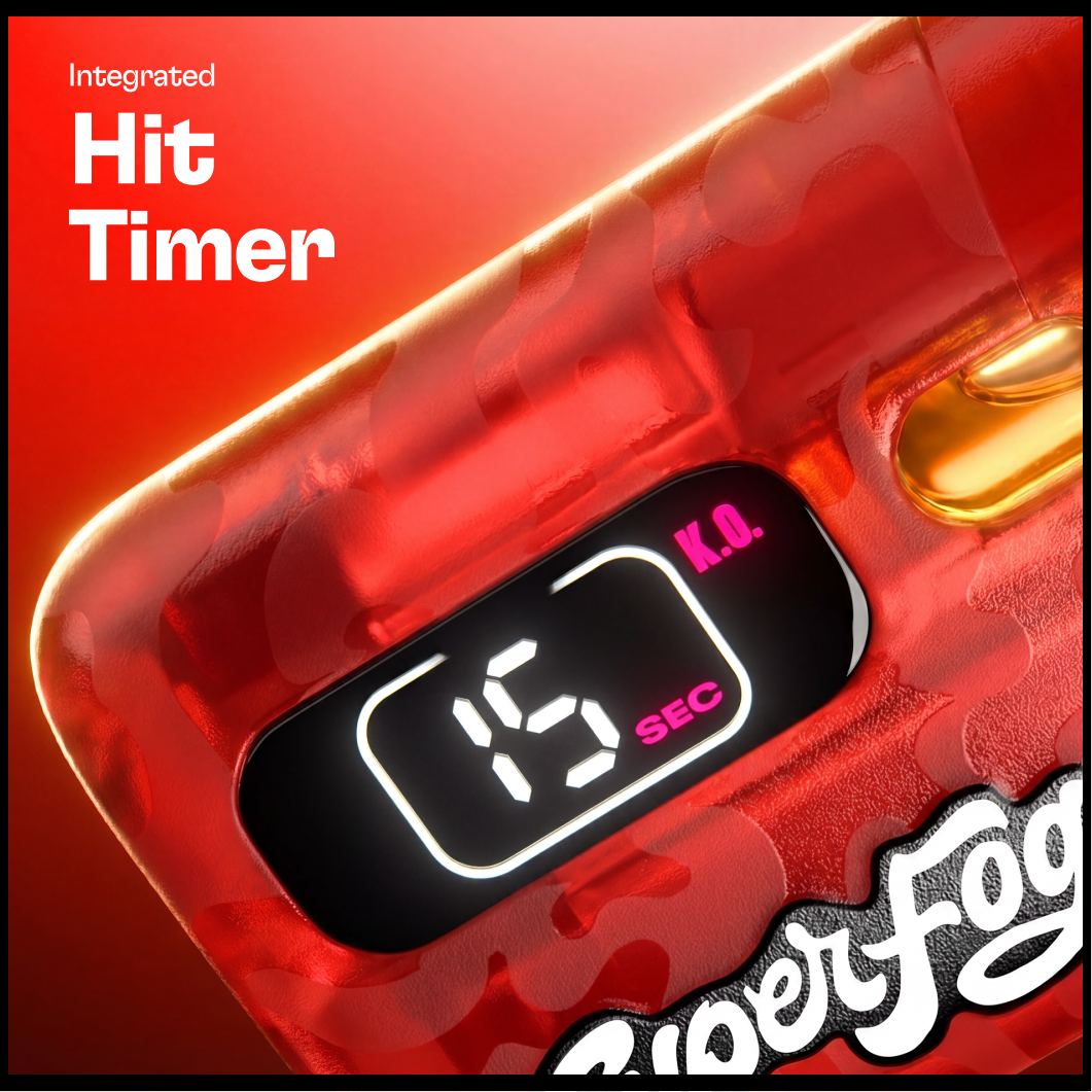 Close-up of a digital hit timer inside a red, camouflage-patterned casing, showing 15 seconds and 1.0 K.O.