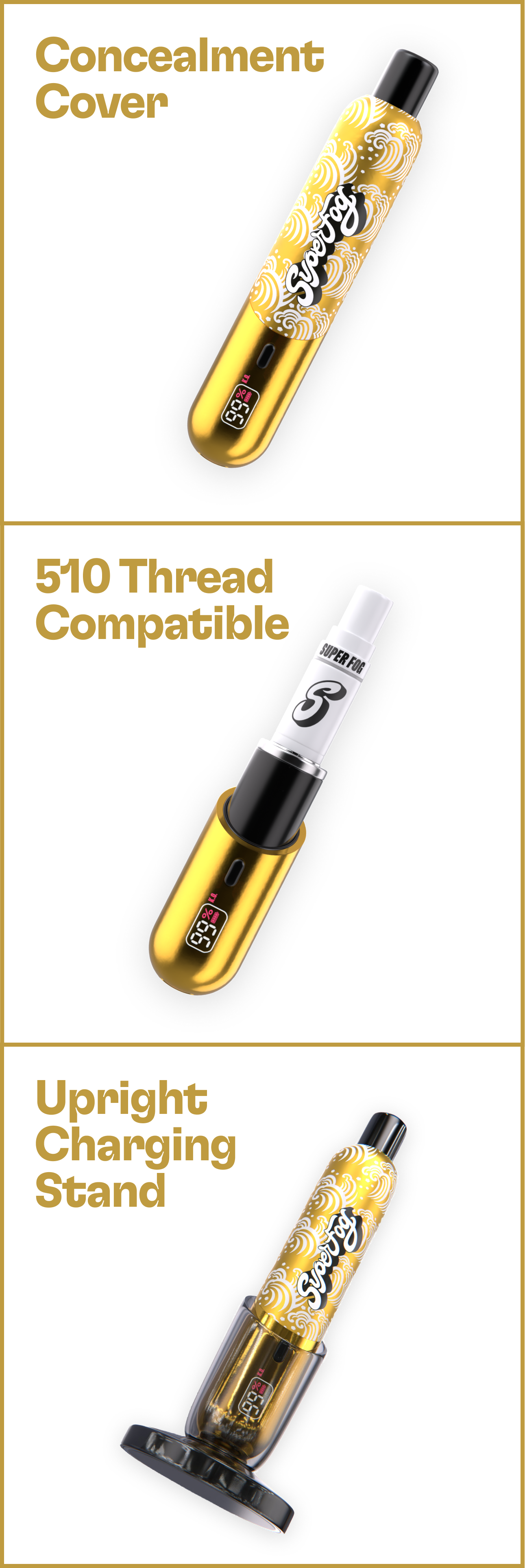Image showing a portable vaporizer with a yellow and white design, labeled 'Super Fog,' highlighting its concealment cover, 510 thread compatibility, and upright charging stand.