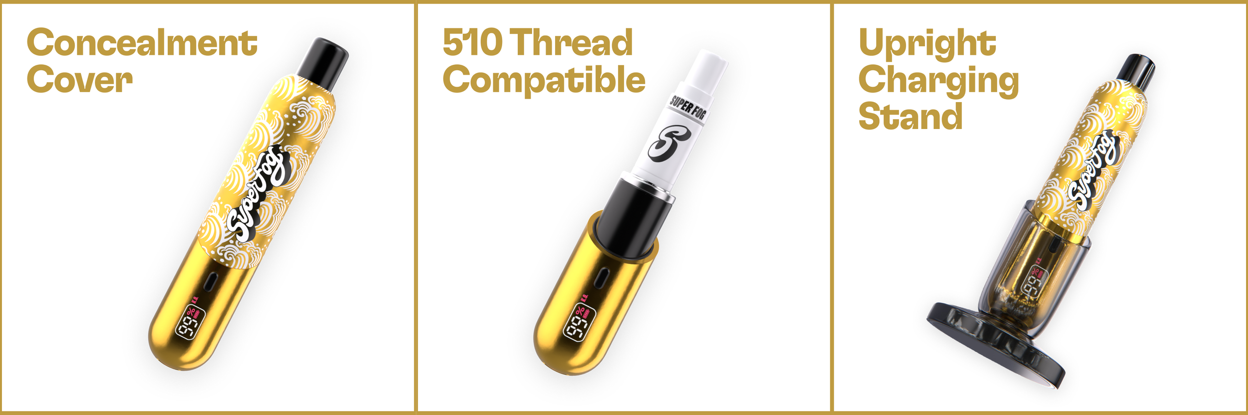 A vaporizer pen with a gold and white swirly pattern, a digital display, and a removable mouthpiece, shown in three views with text highlighting features like concealment cover, 510 thread compatibility, and upright charging stand.