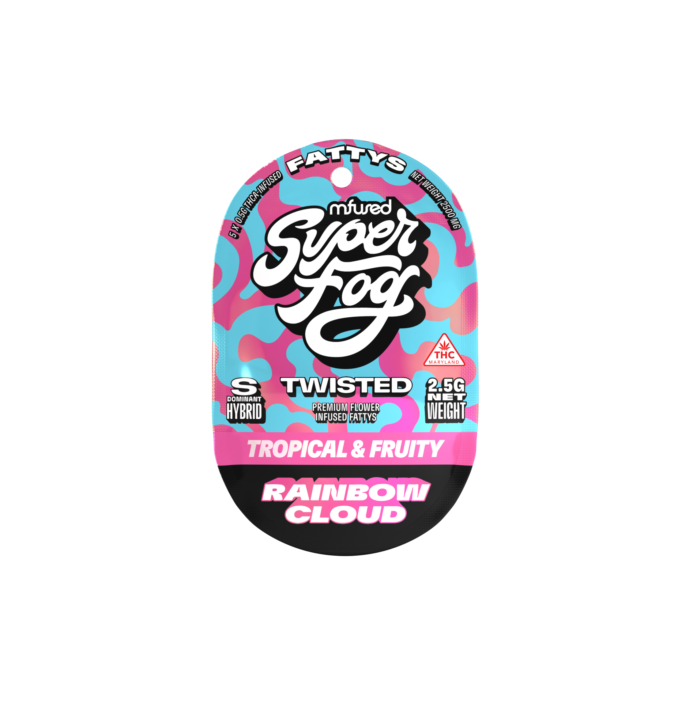 Colorful ice pop label with pink, blue, and black swirl pattern, featuring the text 'Super Flo', 'twisted', 'tropical & fruity', and other product details.