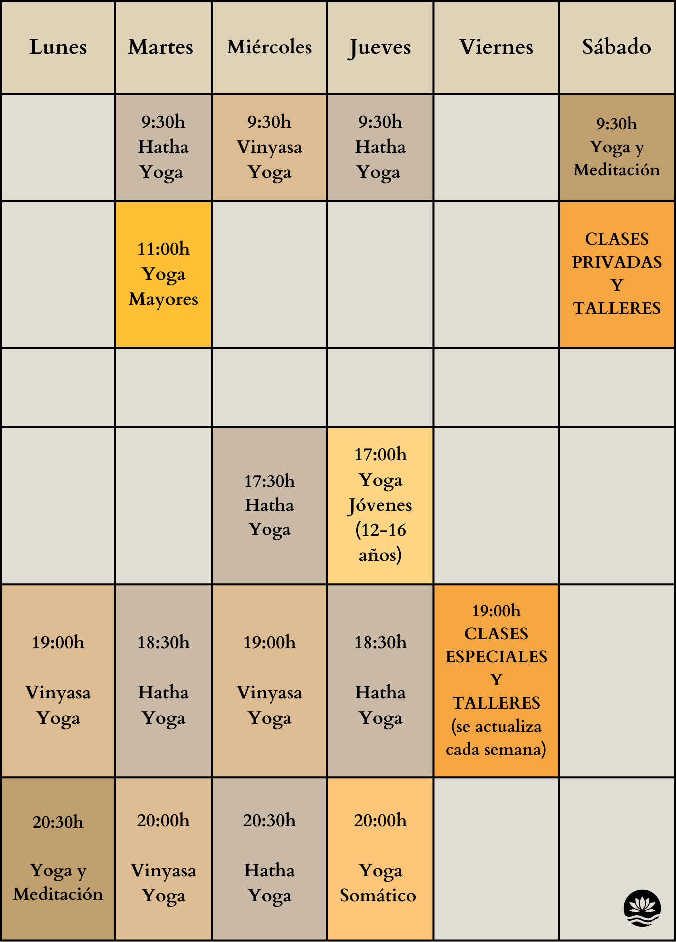 Horarios de clases de yoga y meditación por días de la semana, incluyendo diferentes estilos y horarios, con algunas clases destacadas en colores distintos.