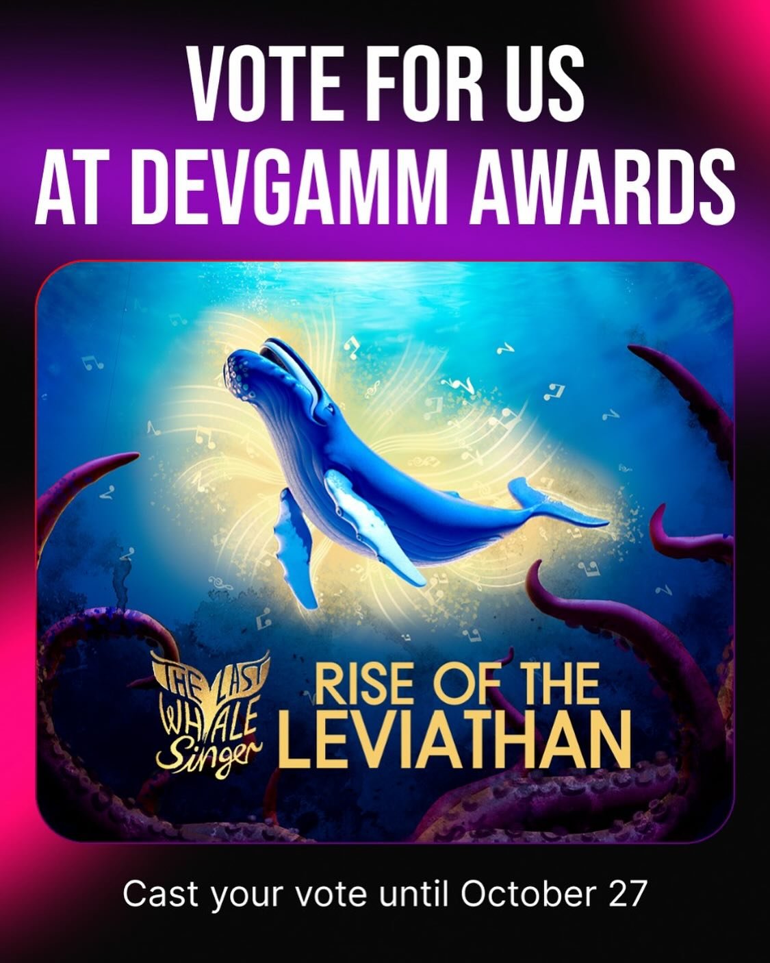 🎉 Big news! The Last Whale Singer is  competing in the DevGAMM Awards 2024 for the Community Vote! 🐋 We&rsquo;re thrilled to be part of this amazing event, and now it&rsquo;s time for YOU to help us win!&nbsp;

Cast your vote here: https://form.fil