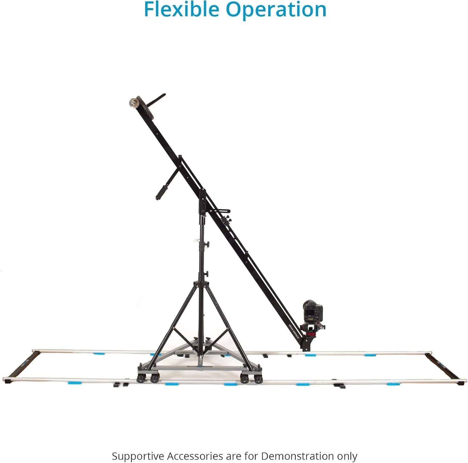 A lightweight, portable jib arm with a counterweight is set up on a tripod.