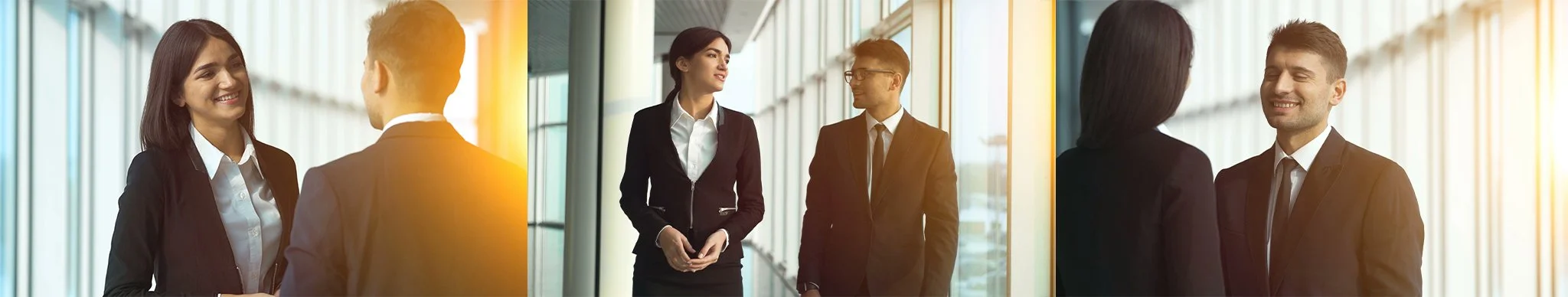 Three shots horizontally of two business people, a woman smiling at the camera with a man in conversation, they are in a modern office setting, near a large a bright window.