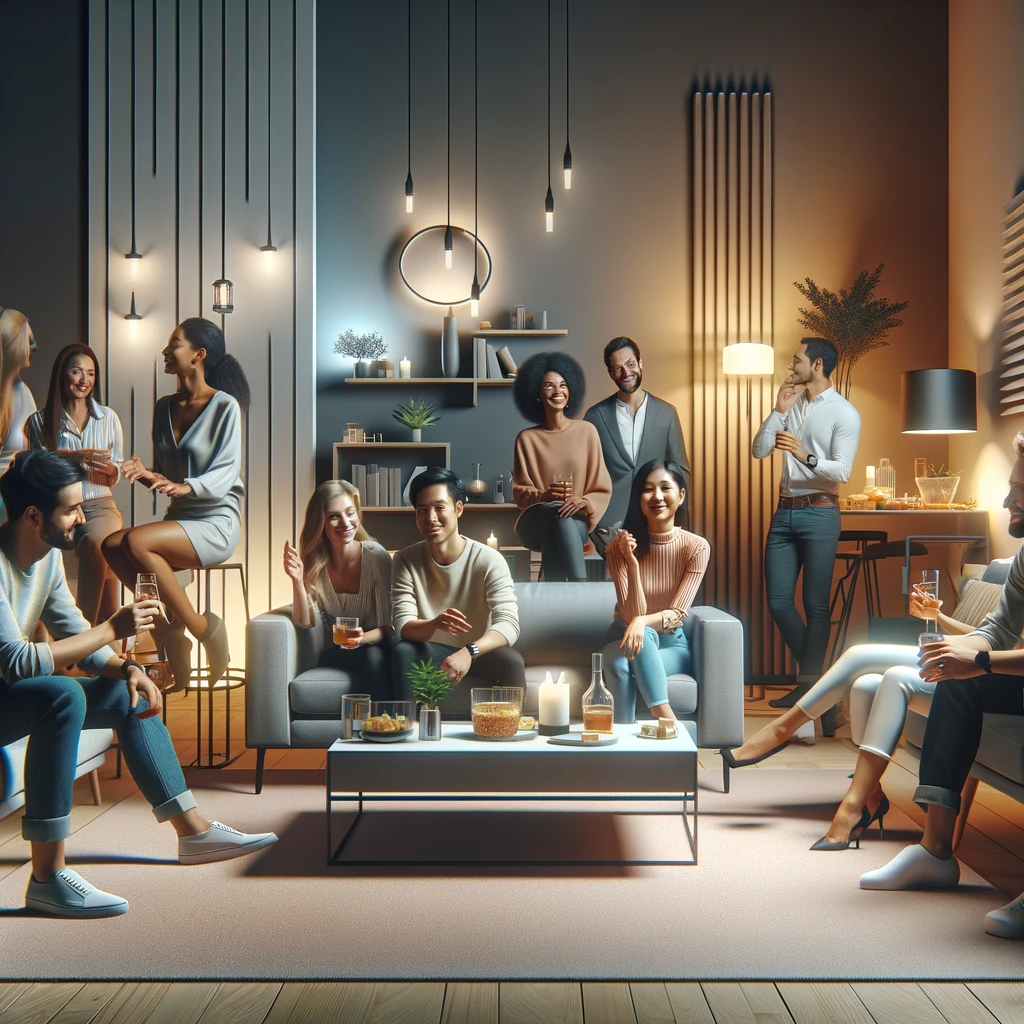 DALL·E 2024-01-08 14.48.56 - A modern and realistic house party scene with fewer people. The setting is a contemporary living room, stylishly furnished with modern decor. A small .png