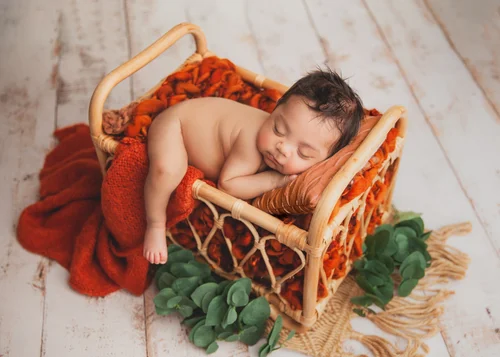 Sleeping newborn on a rattan crib bed with a rust orange blanket and greenery, Bay Area newborn photographer studio session