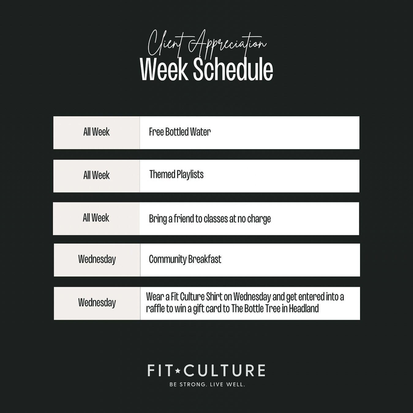 The week of April 22nd is Member Appreciation Week and we are going to celebrate YOU!

If you are member with us, here are the perks:
&bull;Bring a Friend to Class All Week at No Cost
&bull;Community Breakfast on Wednesday Morning
&bull;Wear a Fit Cu