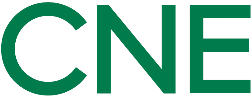 A logo with the letters 'CNE' in dark green on a black background.