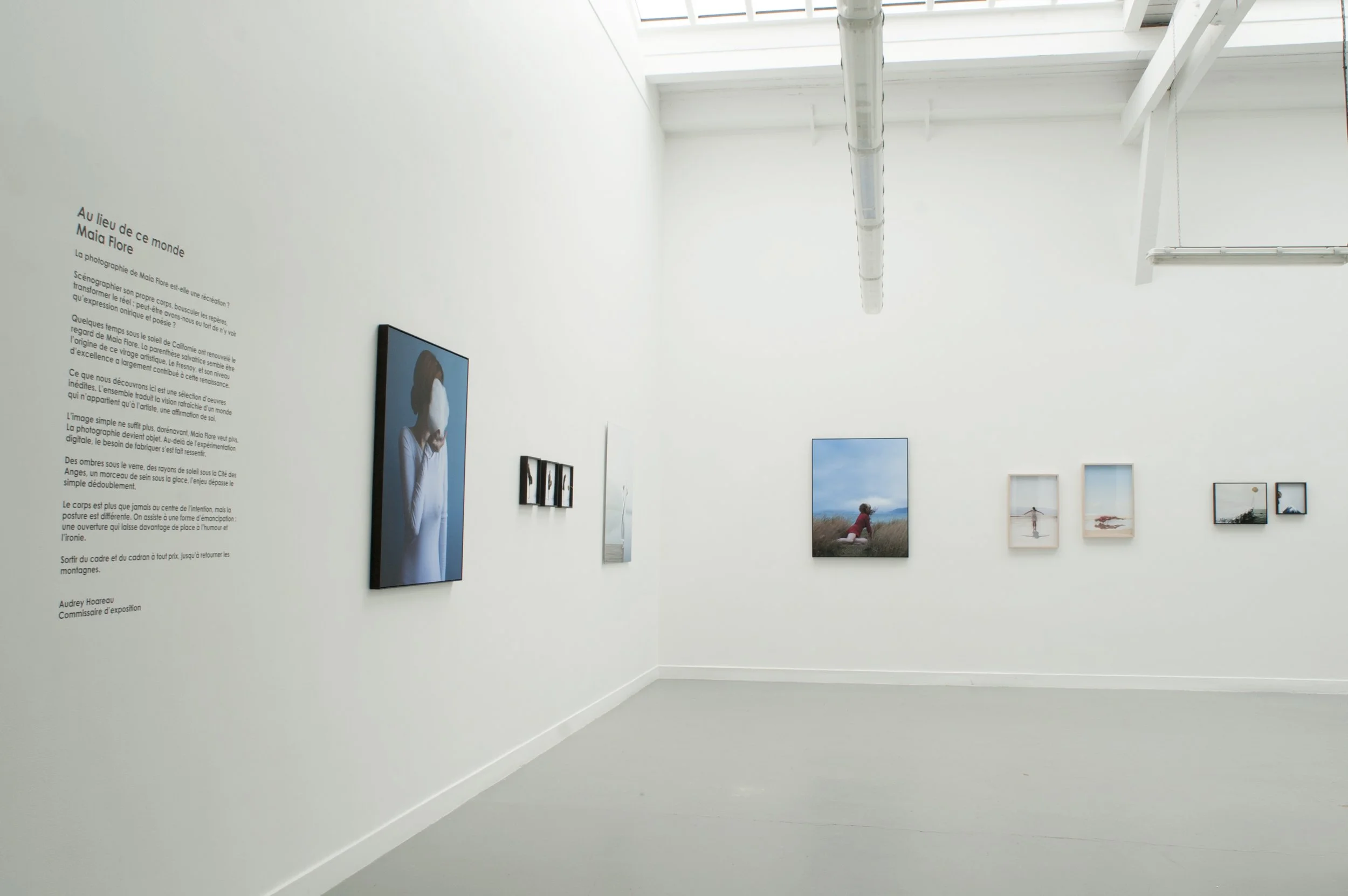 Salle d'exposition avec des œuvres d'art sur des murs blancs, y compris des photographies, un texte explicatif en français, et un plafond avec lumière naturelle.