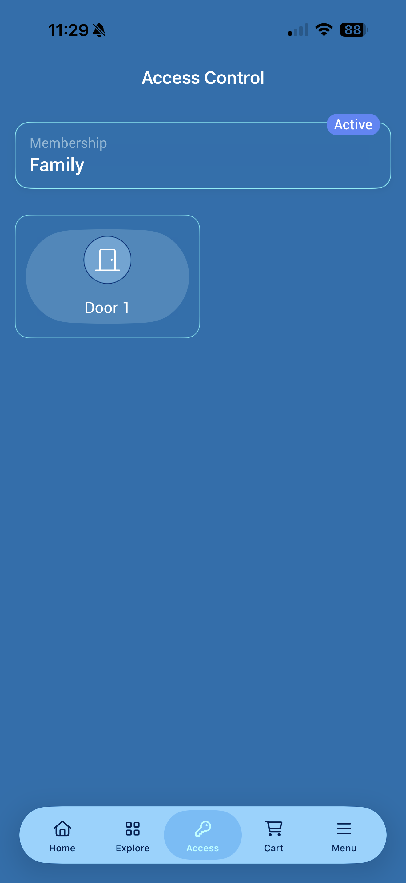 Wellyx Access screen with active State Street Fitness membership and Door 1.