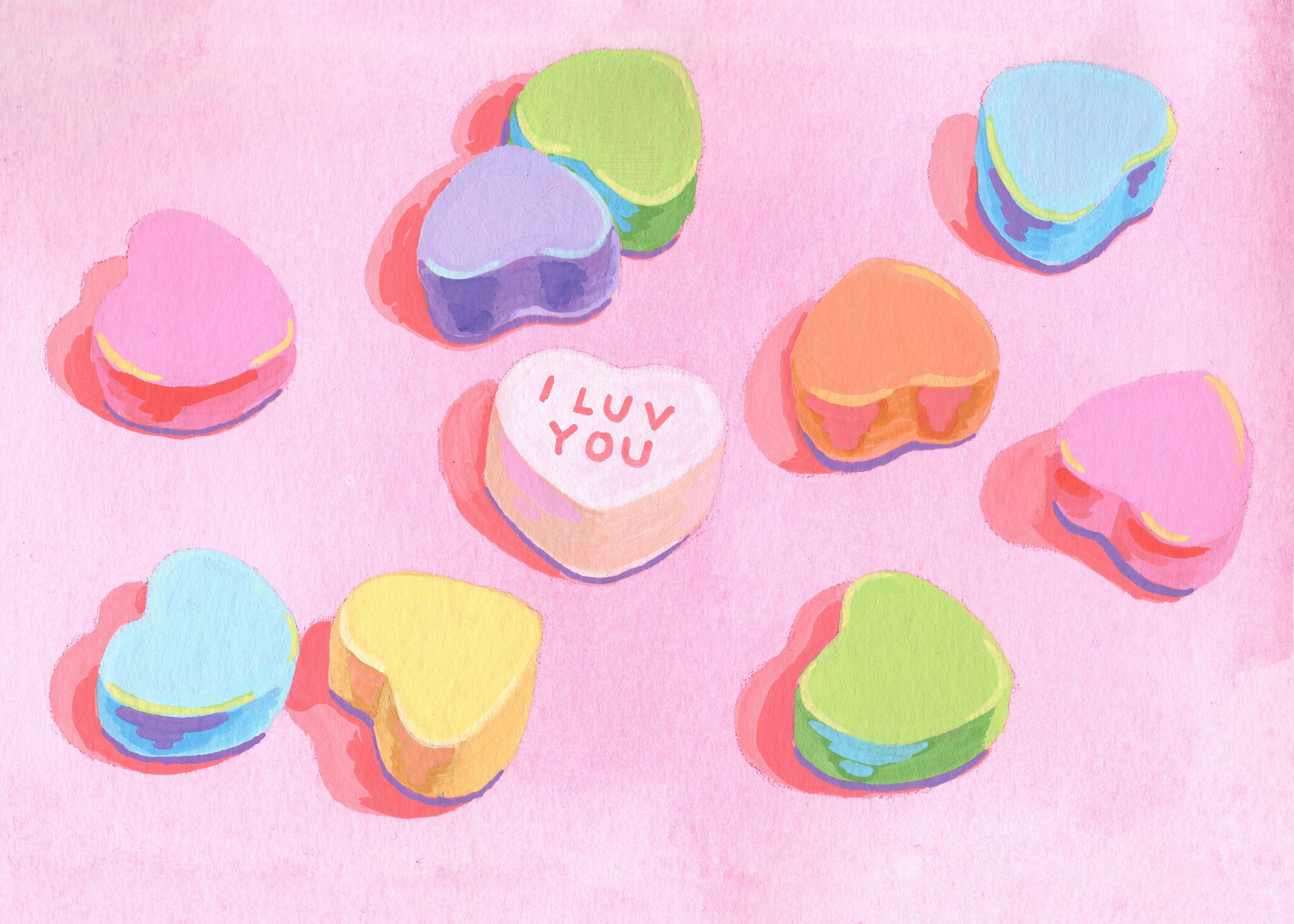 Conversation Hearts, 2026, acrylic on paper