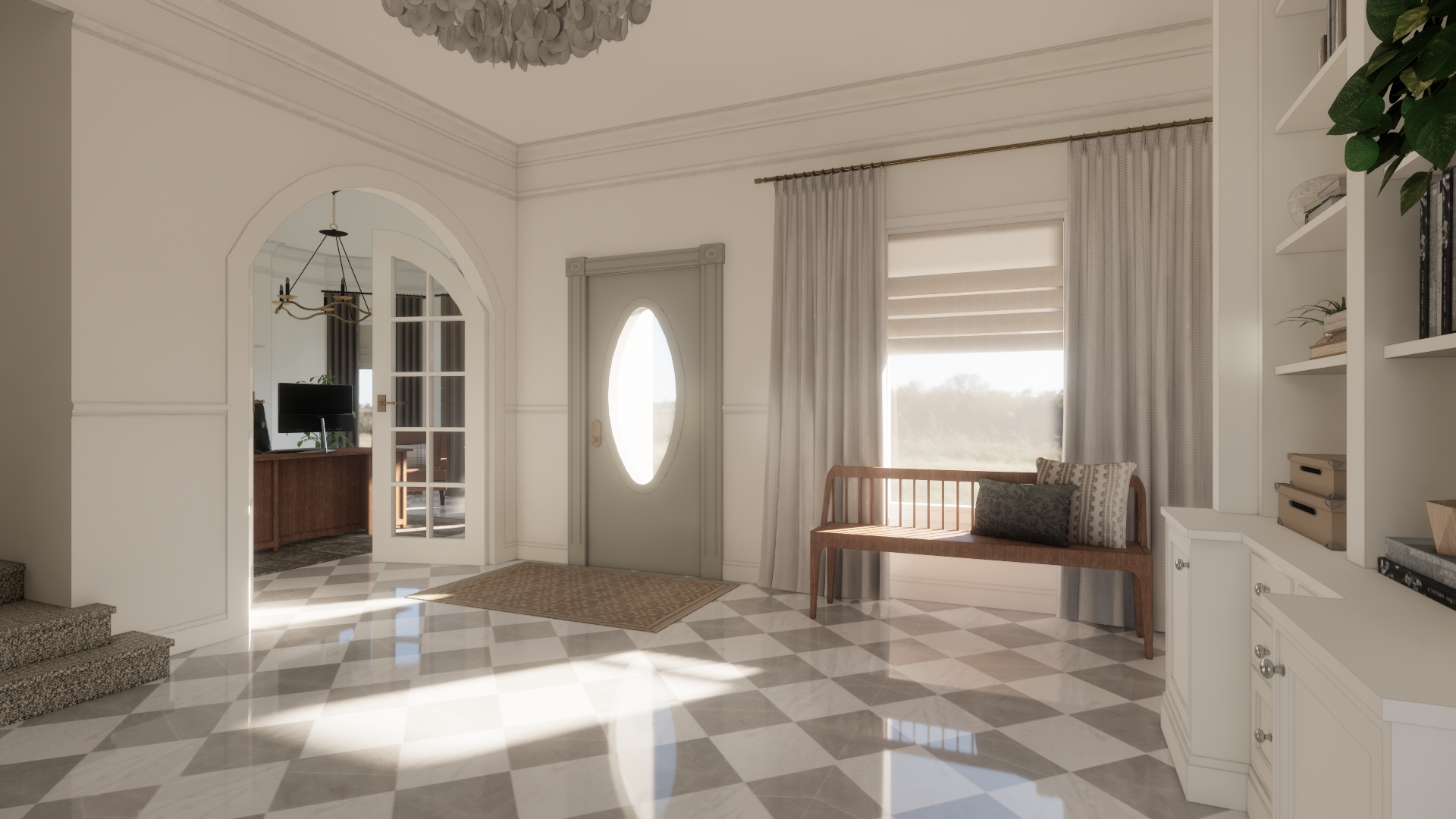 Spacious foyer with arched doorway, oval glass front door, bench with pillows, checkered floor, and bookshelf.