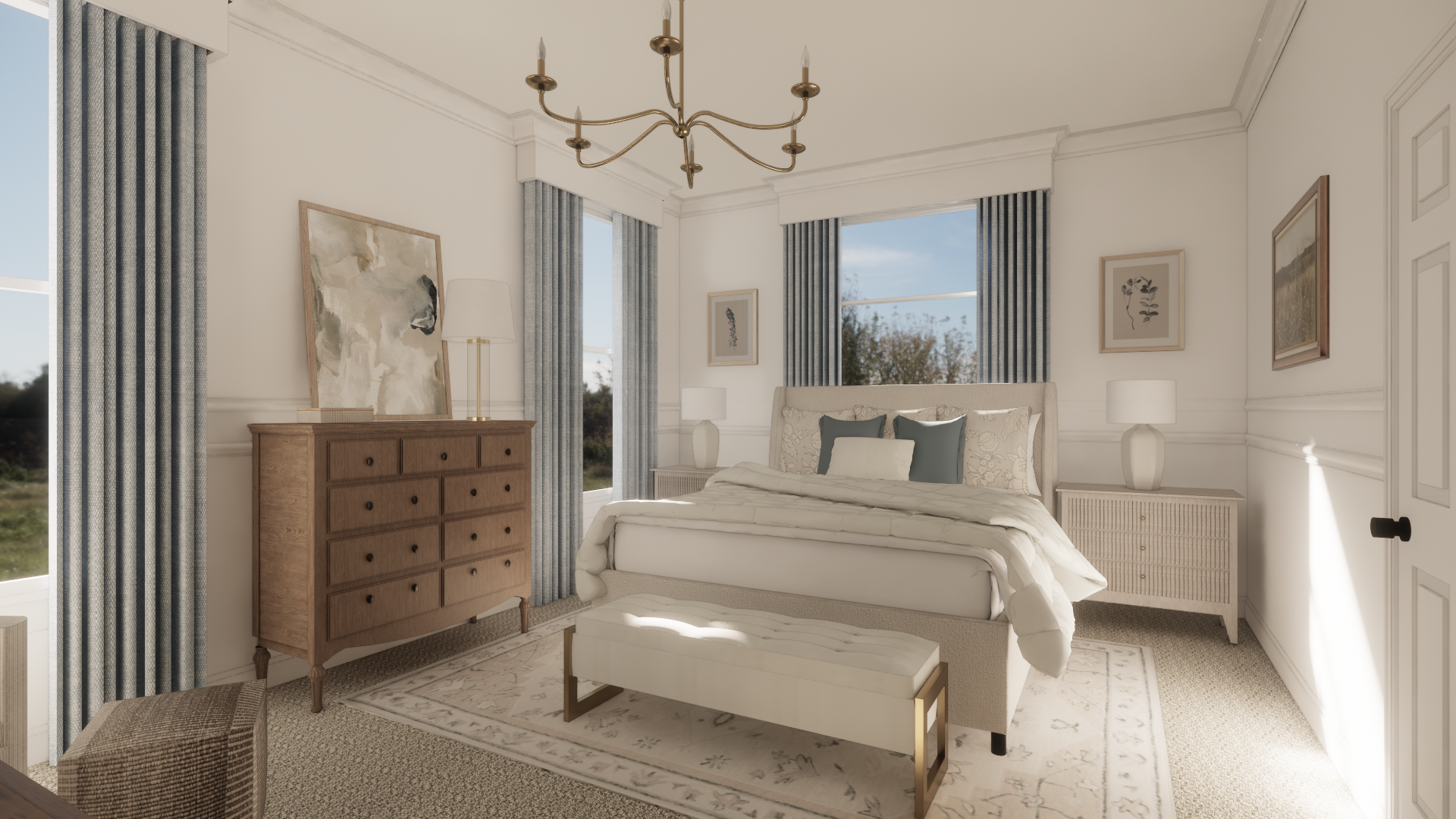 Elegant bedroom with a large bed, white bedding, wood dresser, nightstands with lamps, abstract artwork, blue curtains, and chandelier.