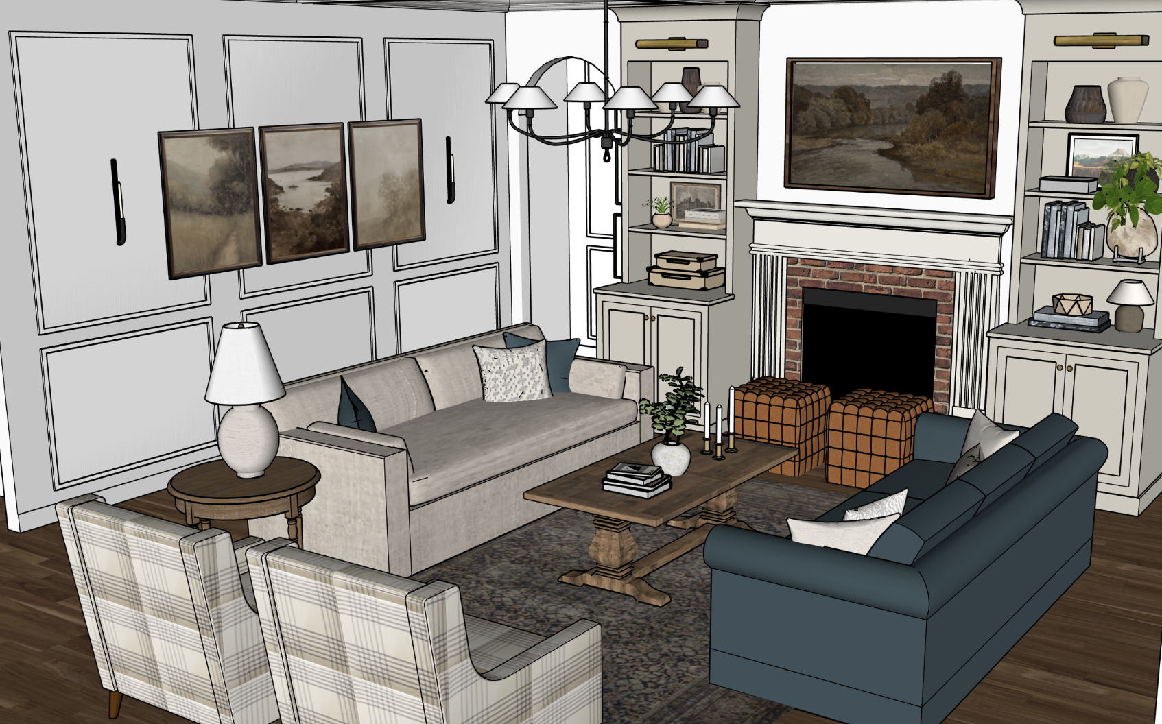 3D-rendered living room interior with white and blue sofas, brick fireplace, artwork, bookshelves, coffee table, and decorative elements.