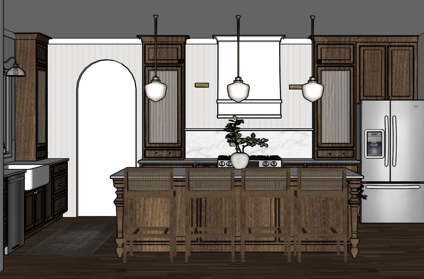 3D rendering of a modern kitchen with wooden cabinetry, a large island with barstools, stainless steel refrigerator, marble backsplash, pendant lighting, and a decorative plant.
