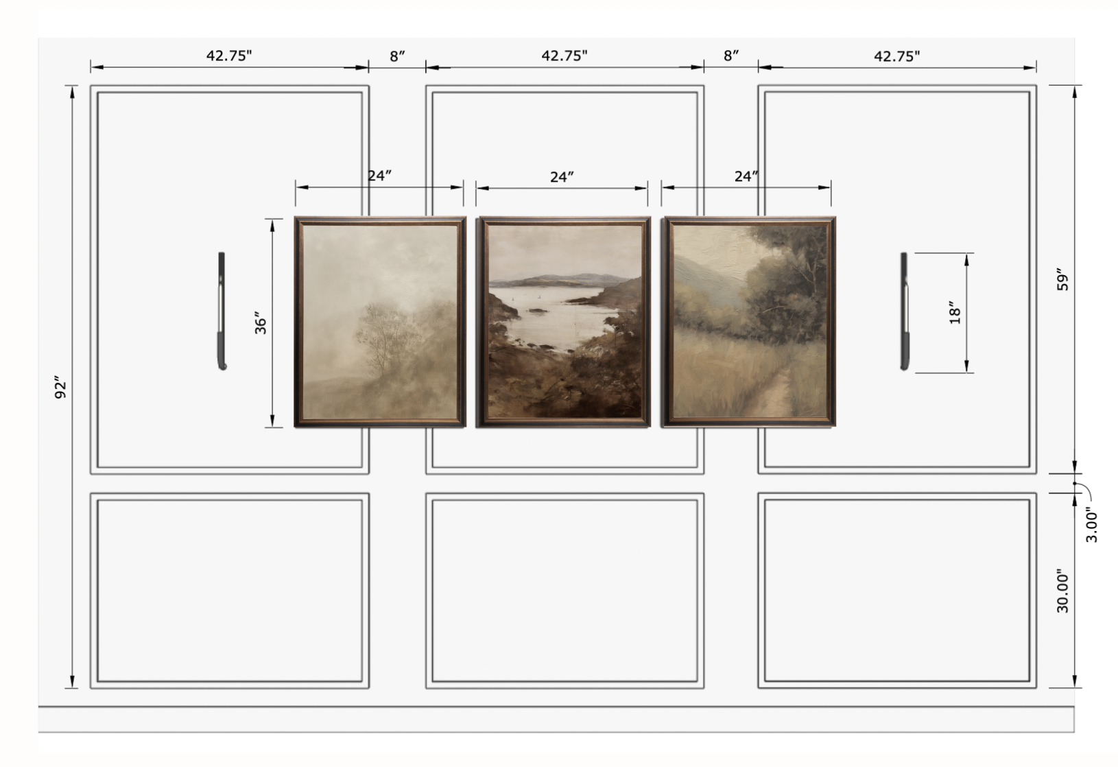 Diagram showing dimensions for three framed paintings on a paneled wall with measurements in inches.