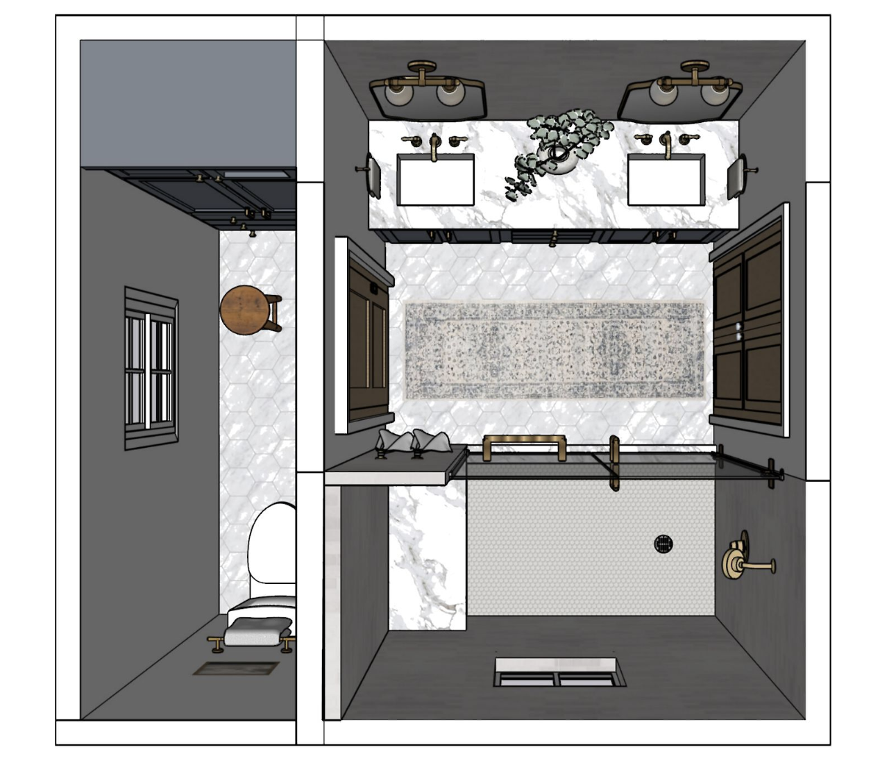 Overhead view of a bathroom floor plan, featuring a double sink vanity with mirrors and lighting, a shower area with a glass door, a toilet space with a small window, and a decorative rug.