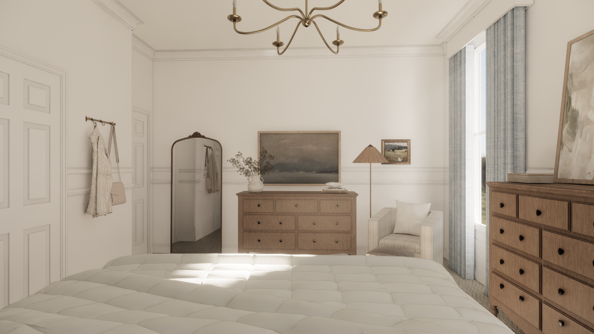 Cozy bedroom with wooden furniture, including a bed, dresser, and side chair. An ornate mirror stands in the corner. Walls are adorned with minimalist art. Light filters through tall windows with light blue curtains. A ceiling chandelier adds eleganc
