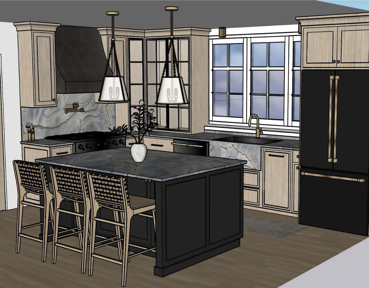 Modern kitchen design with a black island, light wood cabinets, marble countertops, and pendant lights. Features a stove, sink, refrigerator, and bar stools.