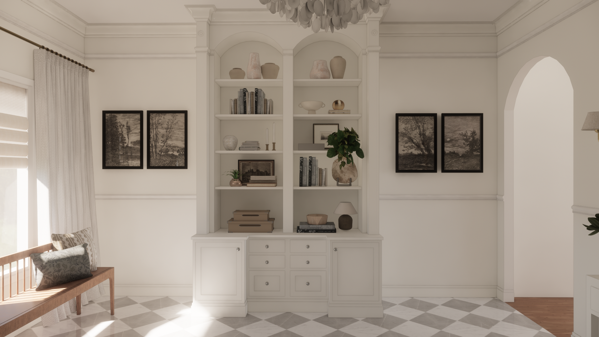 Elegant living room with white built-in bookshelf, decorative items, framed art, and a wooden bench with cushions, featuring lots of natural light.