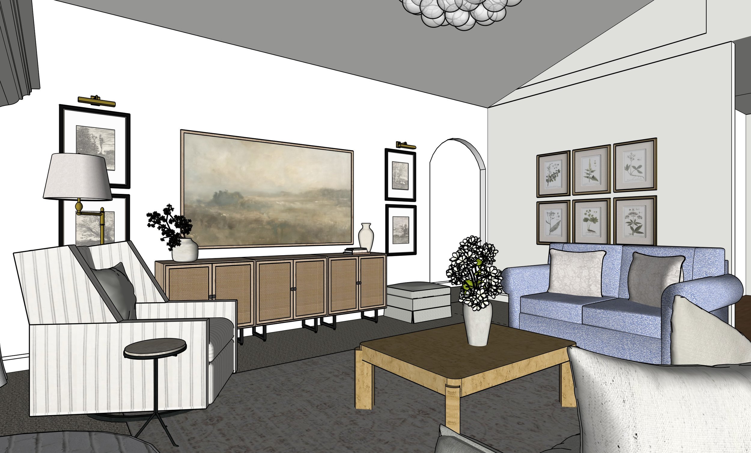 Modern living room interior with armchair, sofa, wooden cabinet, coffee table, wall art, and ceiling light.