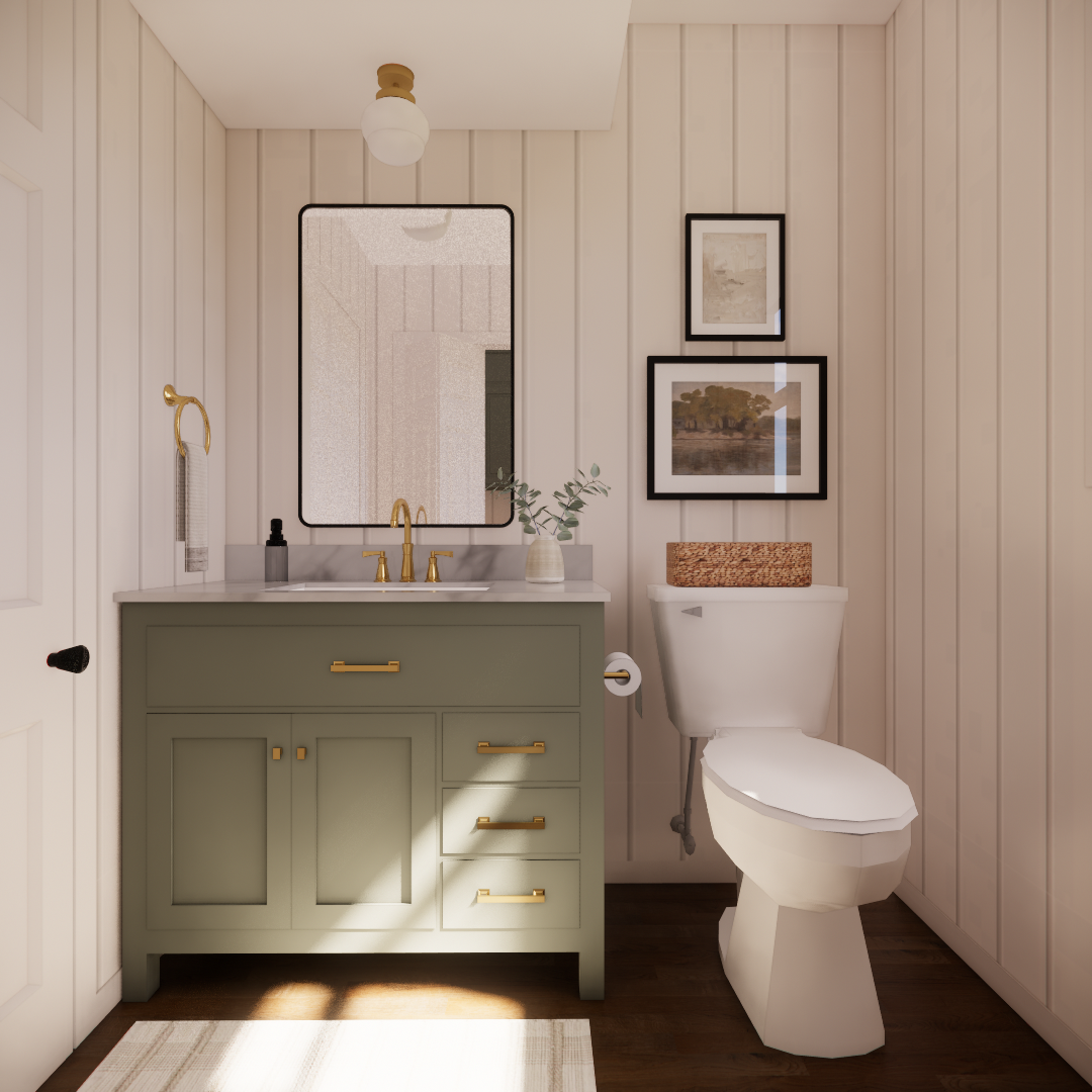 Modern bathroom with green vanity, gold fixtures, toilet, and decorative wall art.